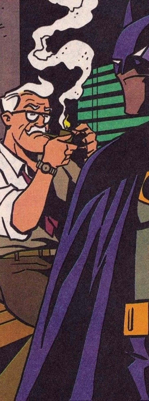 J Jonah Jameson 桌布 壁紙 — 一位白髮戴眼鏡的長者，在黑暗的漫畫格中面對蝙蝠俠，抽著煙斗。