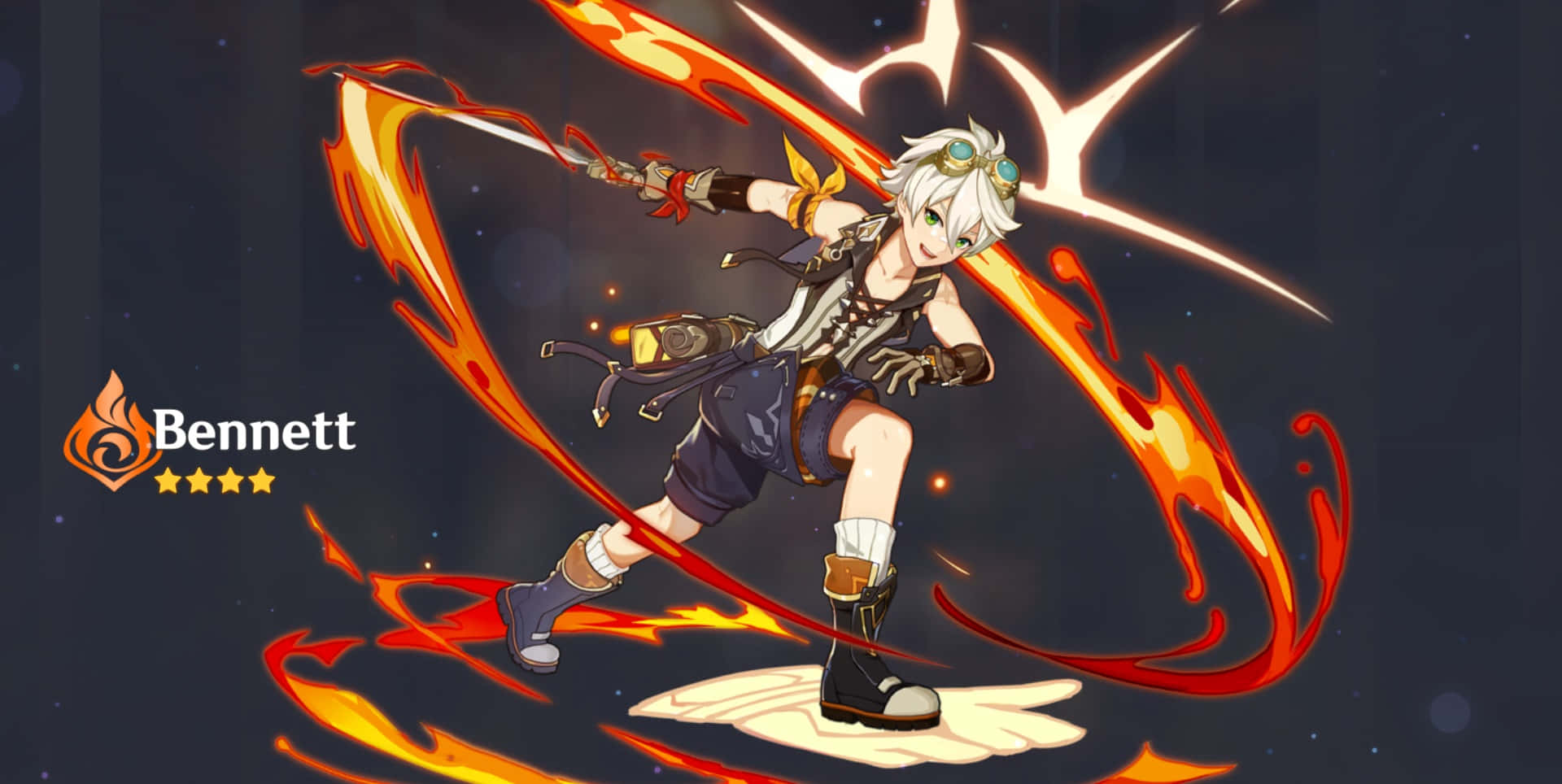 Genshin Impact Bennett 桌布 壁紙 — 一位白髮戴護目鏡的熾熱動漫戰士，在黑暗星空背景下用火焰劍劃破長空。
