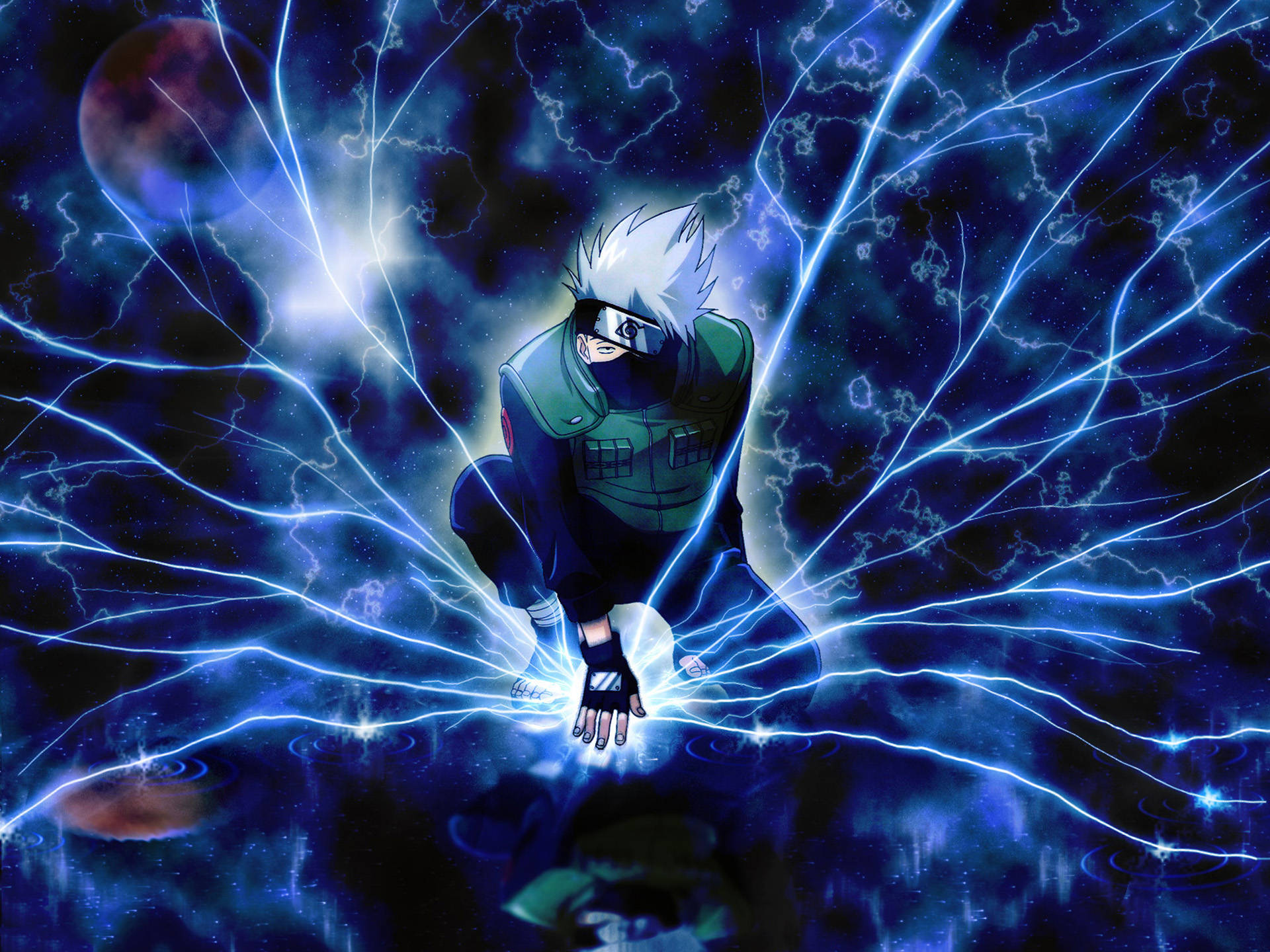 kakashi pfp 桌布 壁紙 — 一位白髮戴面具的動漫忍者，在宇宙星空背景下引導藍色閃電能量。