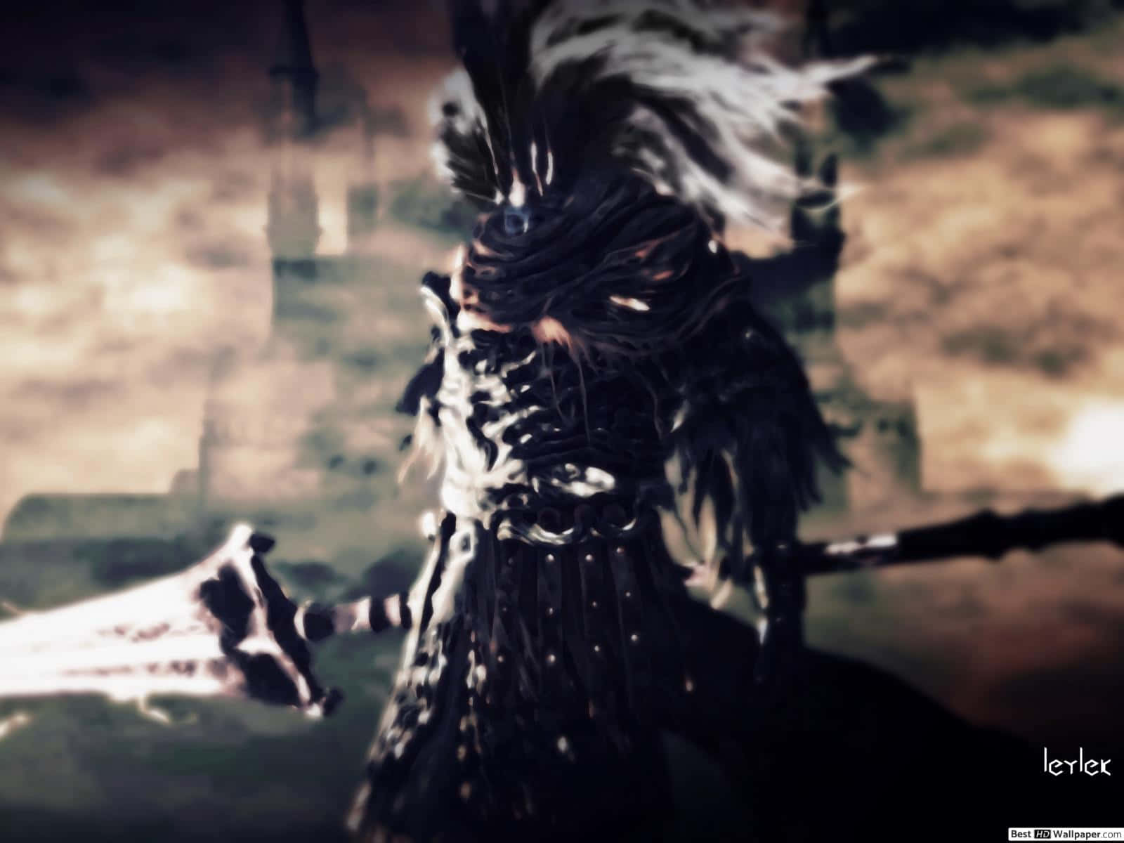 Nameless King 桌布 壁紙 — 一位白髮狂野的黑暗奇幻戰士，在煙霧繚繞的城堡背景下揮舞著發光的劍。