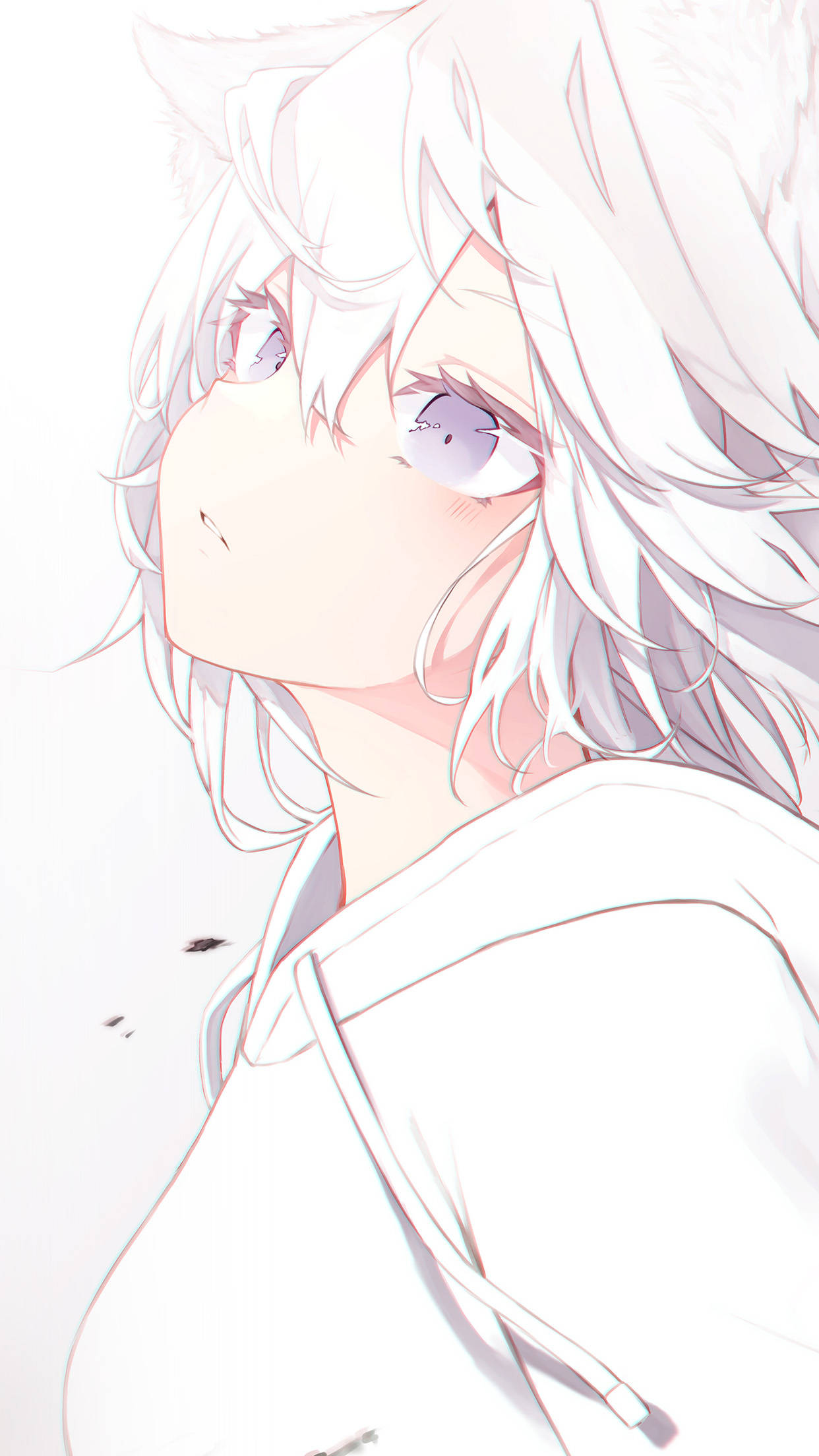 White Anime 桌布 壁紙 — 一位白髮狐耳的可愛動漫女孩，在淡色背景前以溫柔夢幻的姿勢向上凝視。