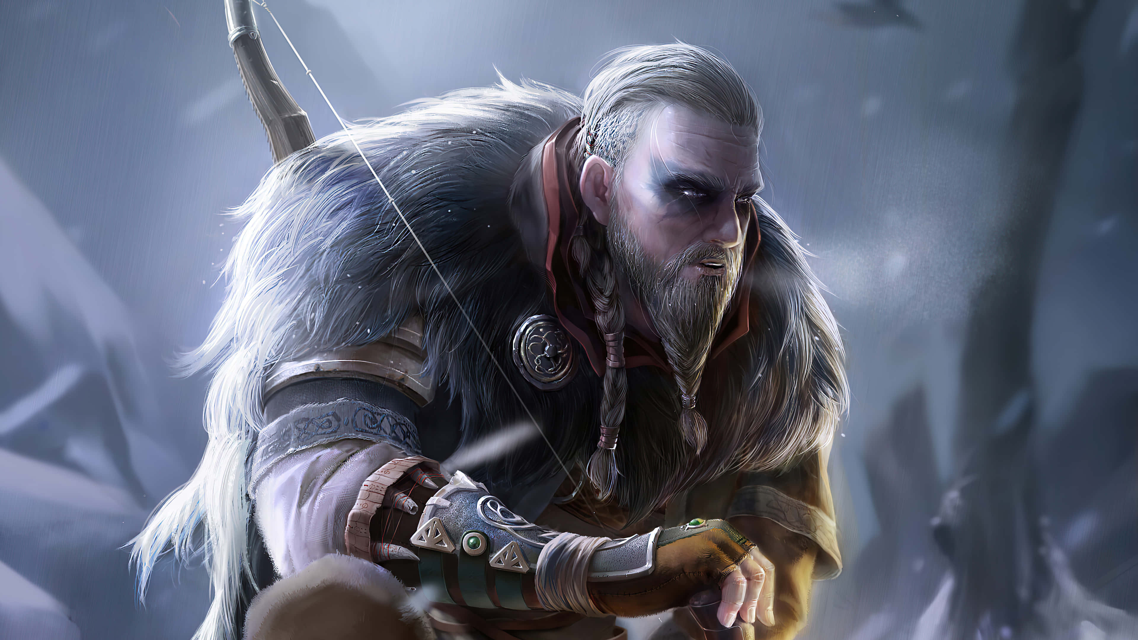 4K Assassin's Creed Valhalla 桌布 壁紙 — 一位白髮白鬚的兇猛維京戰士在灰濛濛的天空下，於白雪皚皚、迷霧籠罩的森林中拉弓。