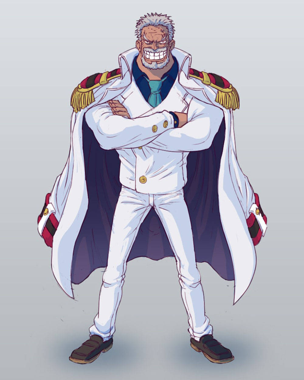 Garp 桌布 壁紙 — 一位白髮白鬚的滄桑動畫船長，身穿白色海軍外套，雙臂交叉，自信地站在純灰色背景前。