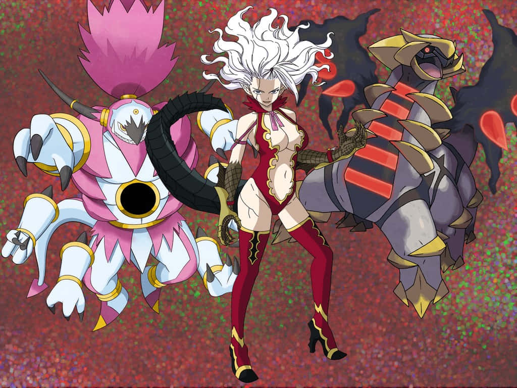 Mirajane Strauss 桌布 壁紙 — 一位白髮的兇猛動漫女性自信地站在閃爍的紅色背景前，兩側是兩隻怪獸般的寶可夢。