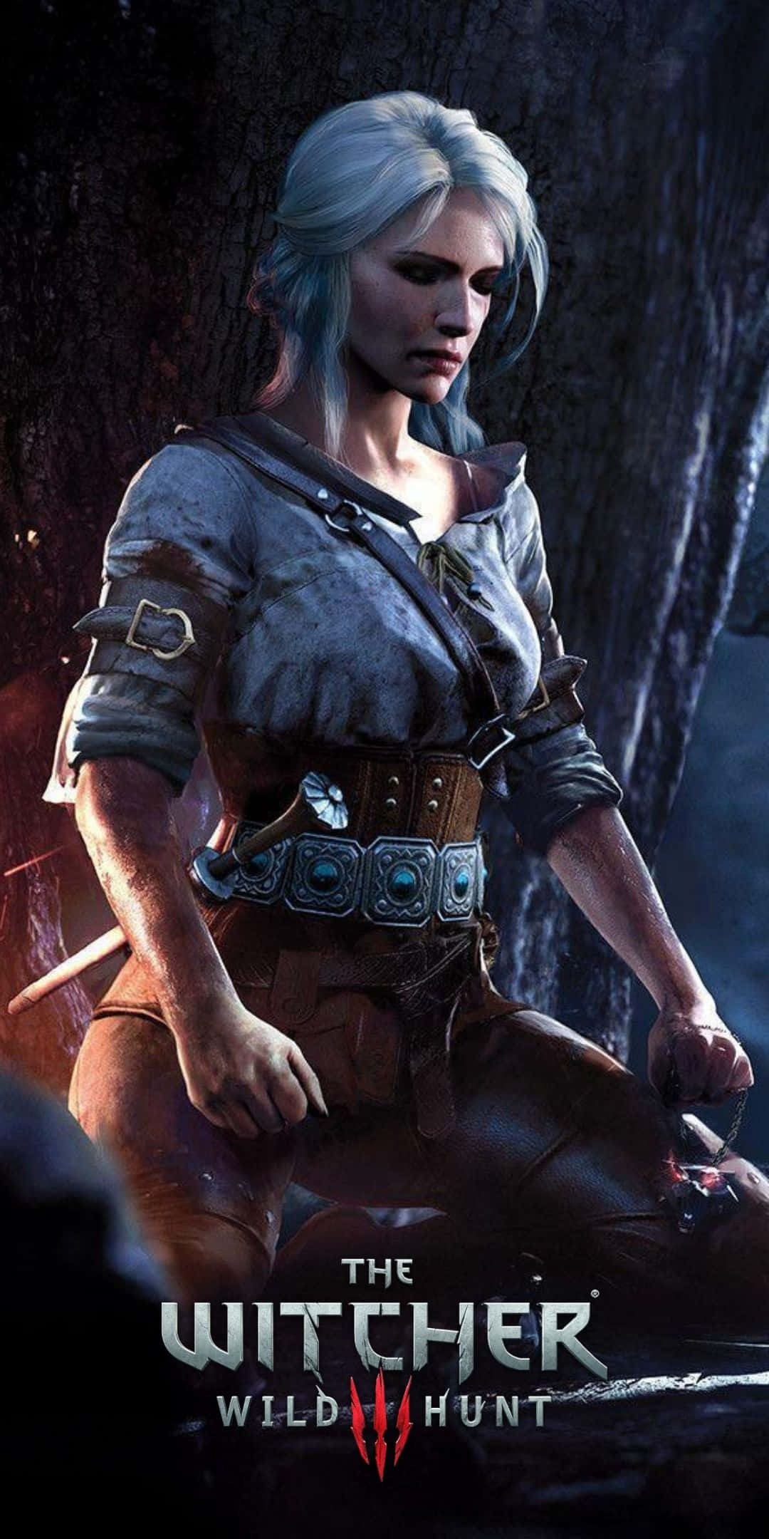 Pixel 3 The Witcher 3 桌布 壁紙 — 一位白髮的兇猛女巫穿著精細的盔甲，站在黑暗的森林中，眼睛發光，身邊有一把劍。