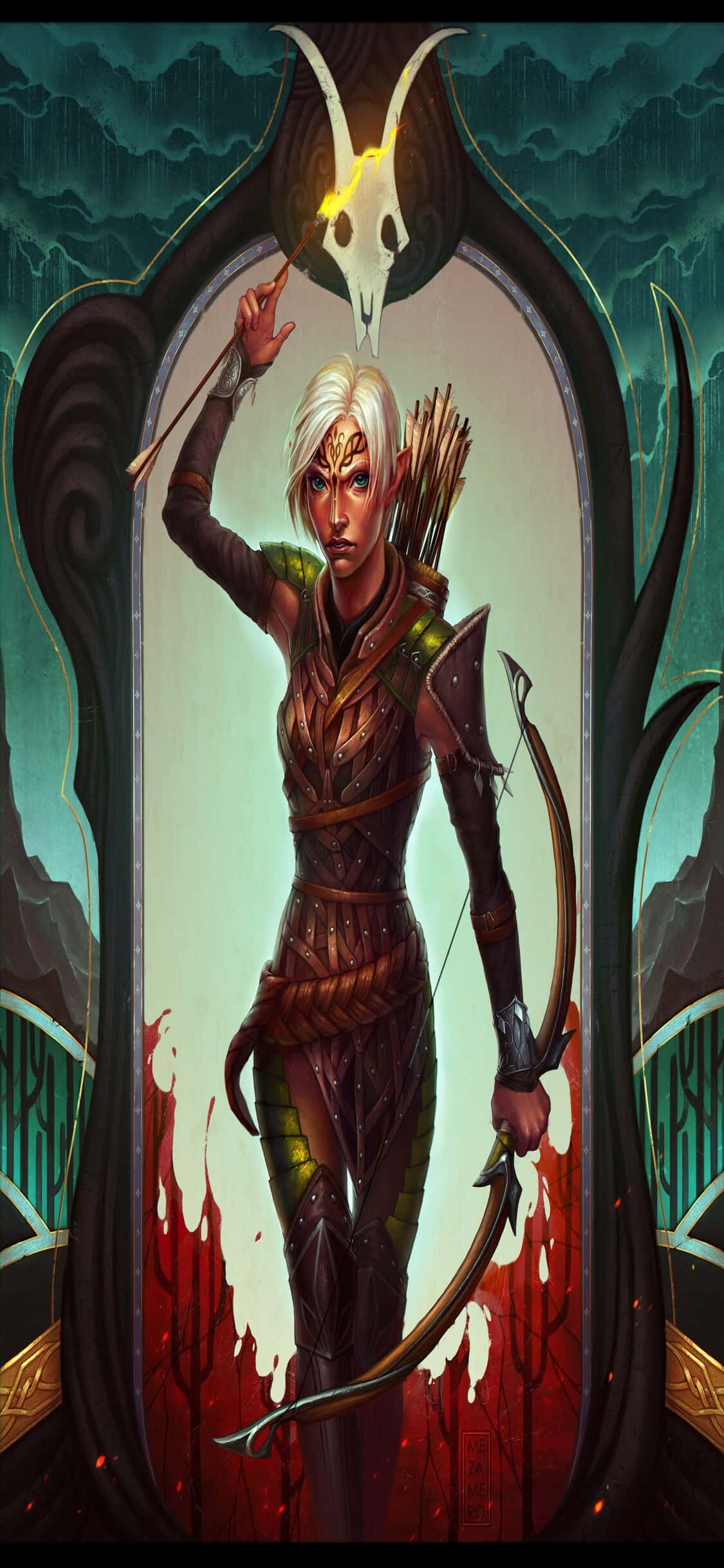 iPhone Xs Dragon Age Inquisition 桌布 壁紙 — 一位白髮的兇猛精靈弓箭手站在發光的拱門中，手持一支帶有燃燒骷髏箭頭的箭。