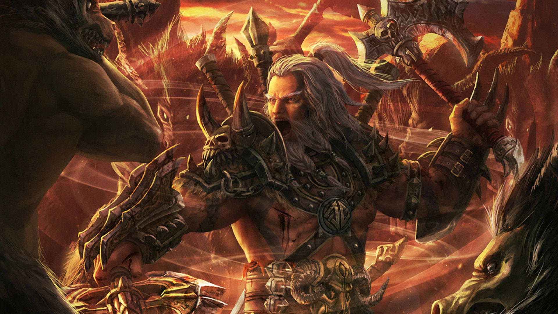 Diablo 3 桌布 壁紙 — 一位白髮的兇猛裝甲戰士在充滿怪物的火熱戰場中咆哮。