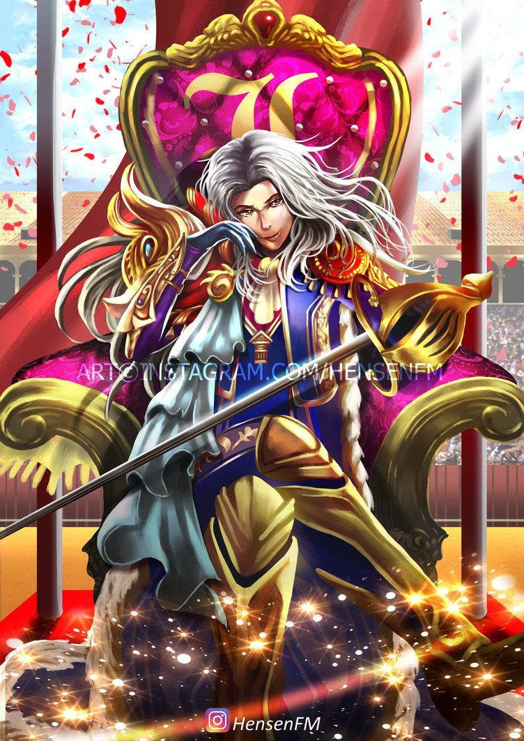 Mobile Legends 動態圖 桌布 壁紙 — 一位白髮的威嚴動漫戰士坐在金色王座上，手持劍，周圍有紅色花瓣飄落。