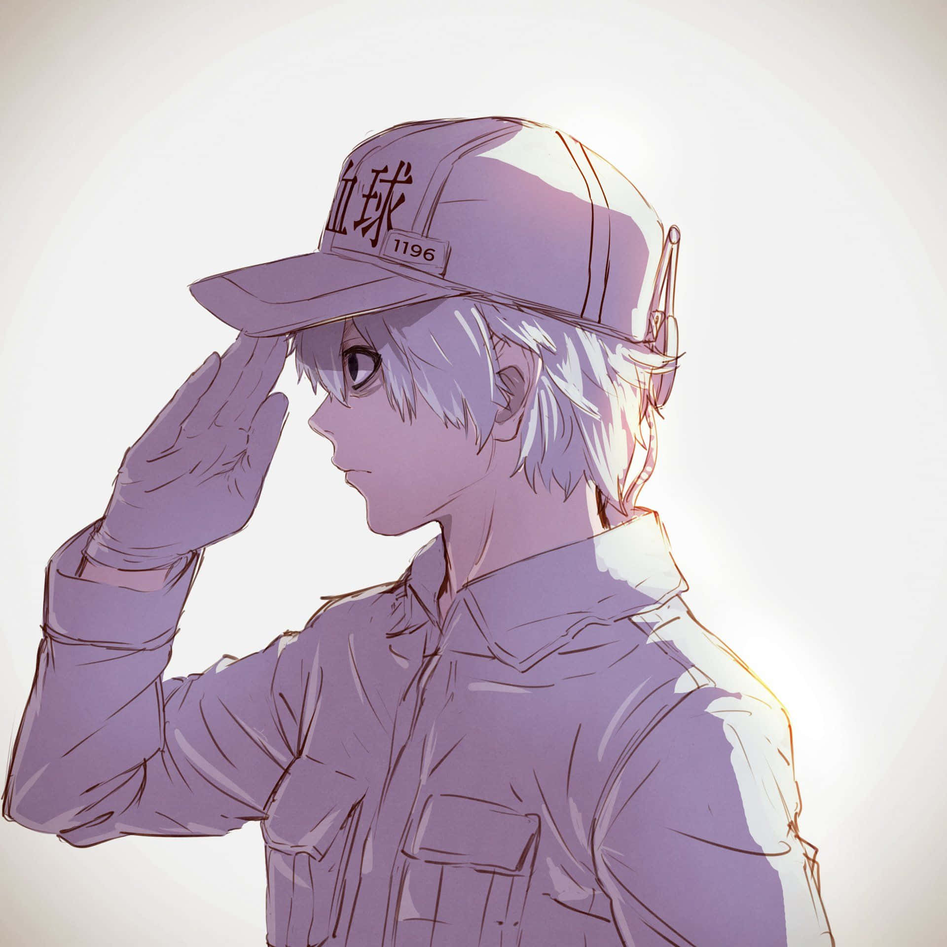 Cells At Work 桌布 壁紙 — 一位白髮的年輕動漫男孩在柔和溫暖的燈光下穿著紫色制服敬禮。