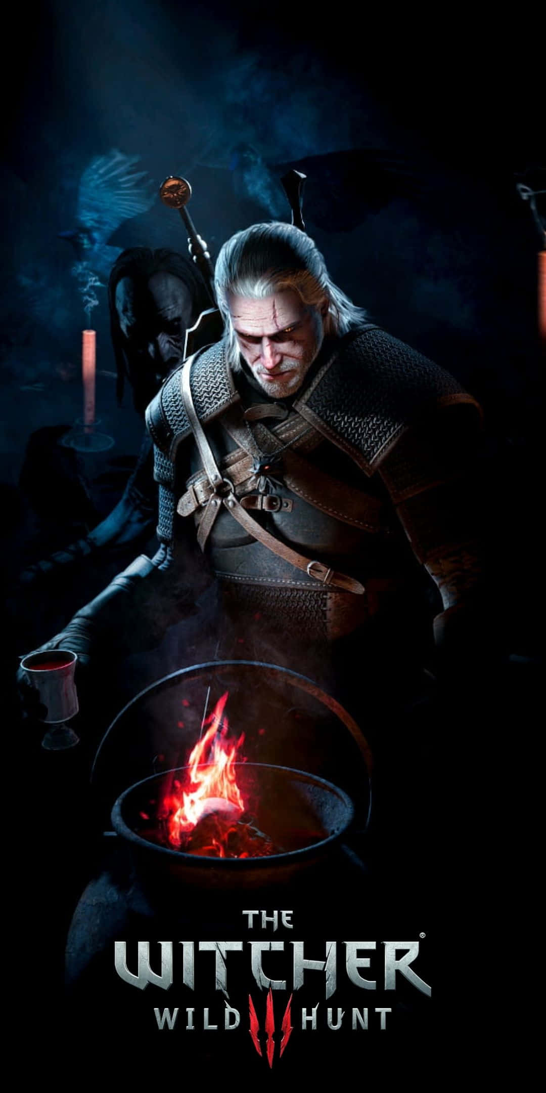 Pixel 3 The Witcher 3 桌布 壁紙 — 一位白髮的陰鬱戰士站在黑暗霧氣森林中發光的營火旁，手持杯子，身後有一個陰影人物潛伏。