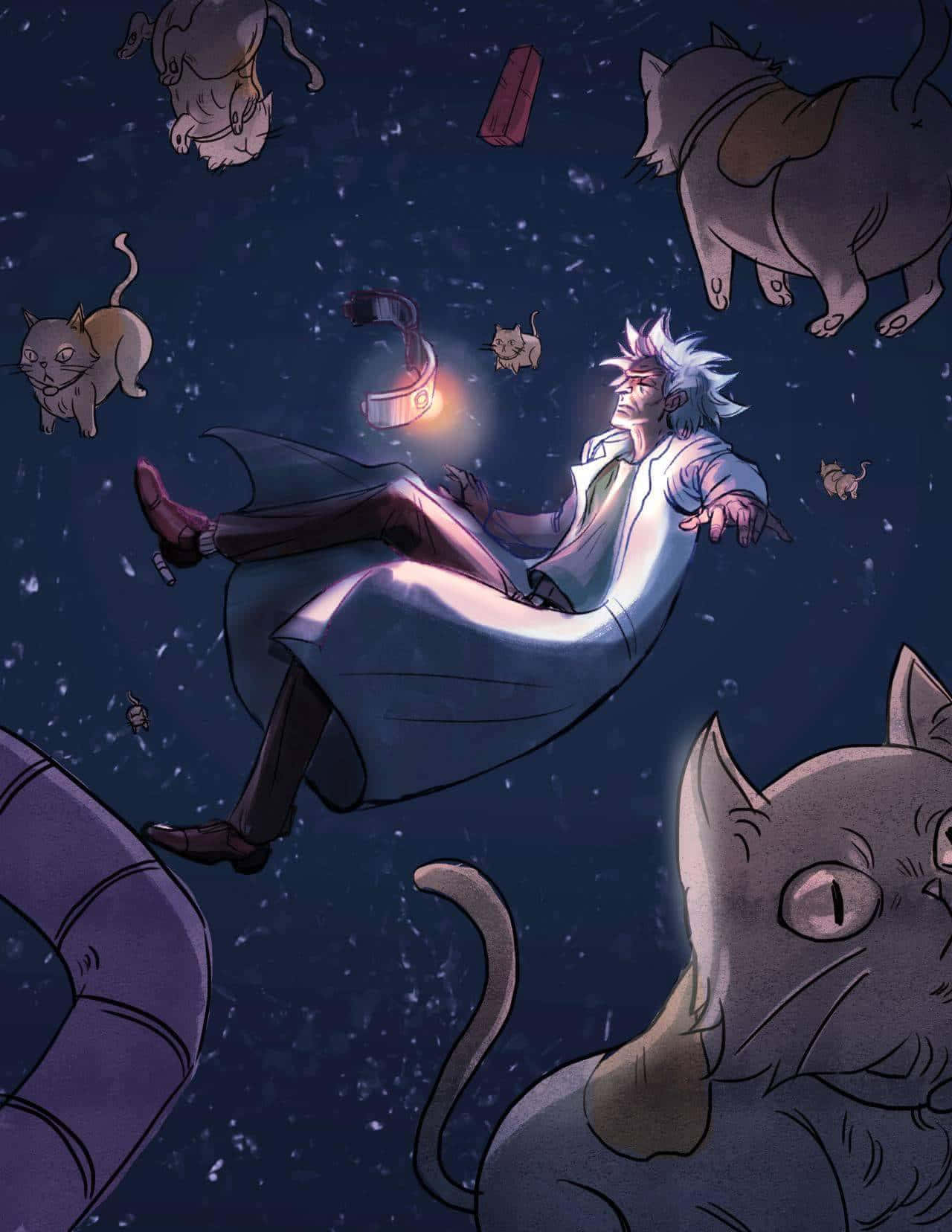 Schrodinger's Cat 桌布 壁紙 — 一位白髮科學家漂浮在滿天星斗的虛空中，周圍是漂浮的貓咪和發光的設備。