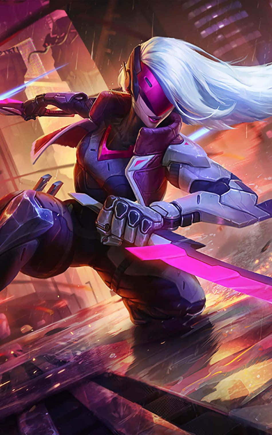 League Of Legends Phone 桌布 壁紙 — 一位白髮粉紅護目鏡的未來戰士，在霓虹燈照亮的賽博朋克小巷中揮舞著發光的劍。