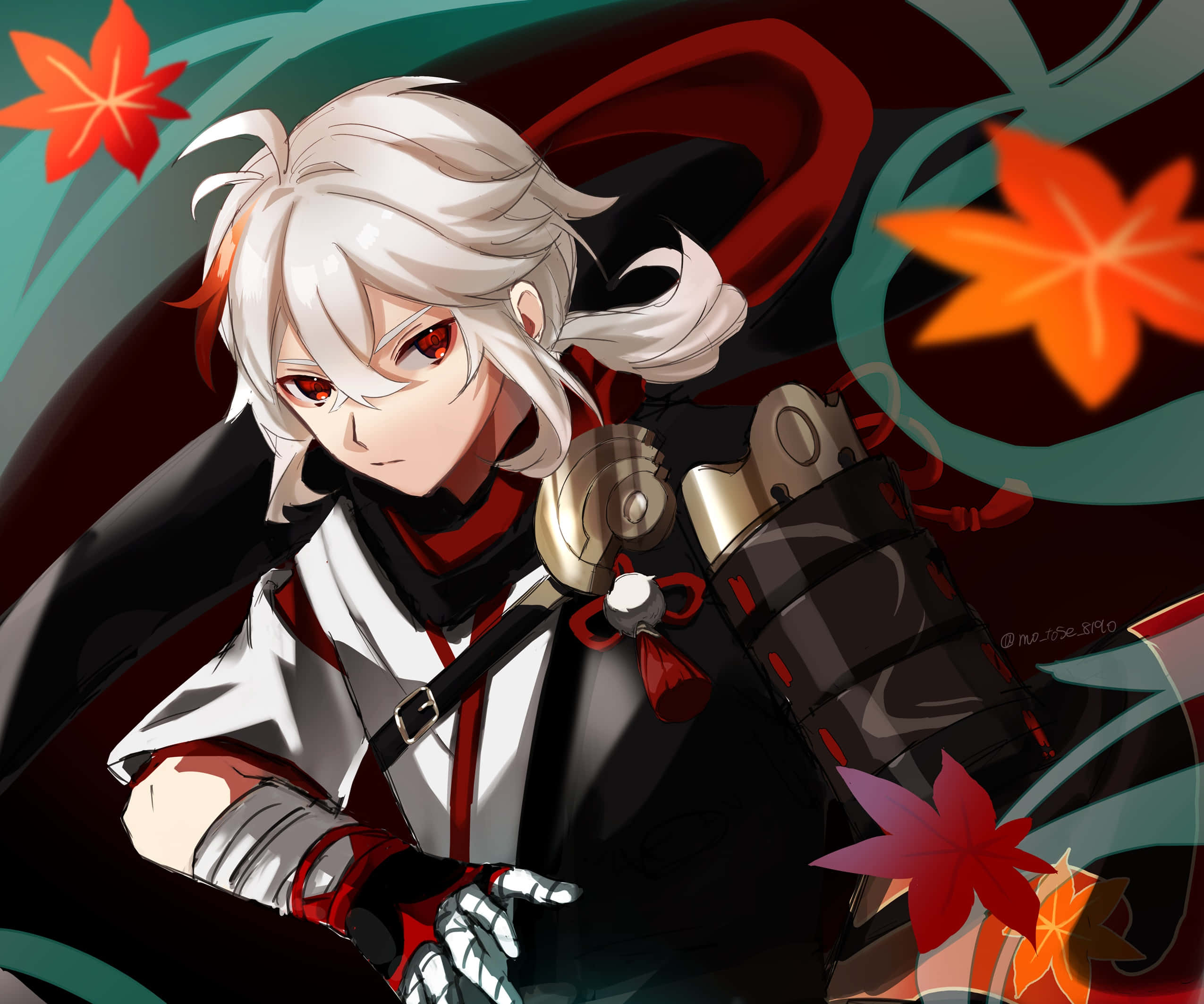電玩遊戲 桌布 壁紙 — 一位白髮紅眼、身穿武士鎧甲的動漫戰士，站在深青綠色和紅色背景中旋轉的秋季楓葉之間。
