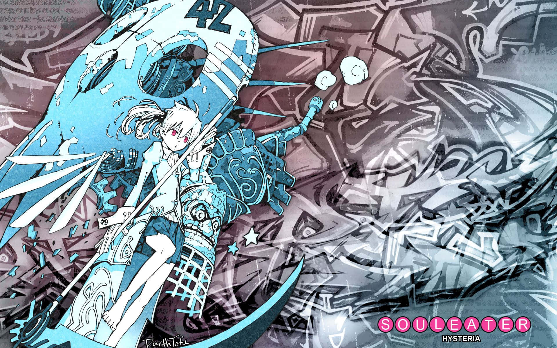 Soul Eater 桌布 壁紙 — 一位白髮紅眼動漫少女騎著藍色機械龍穿過混亂且佈滿塗鴉的城市廢墟。