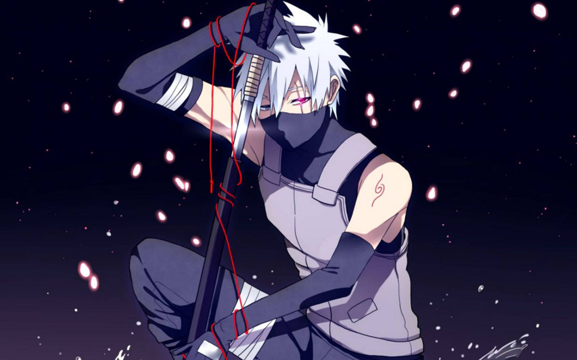 kakashi pfp 桌布 壁紙 — 一位白髮紅眼動漫忍者跪著持劍，粉紅花瓣在星空夜空中飄舞。