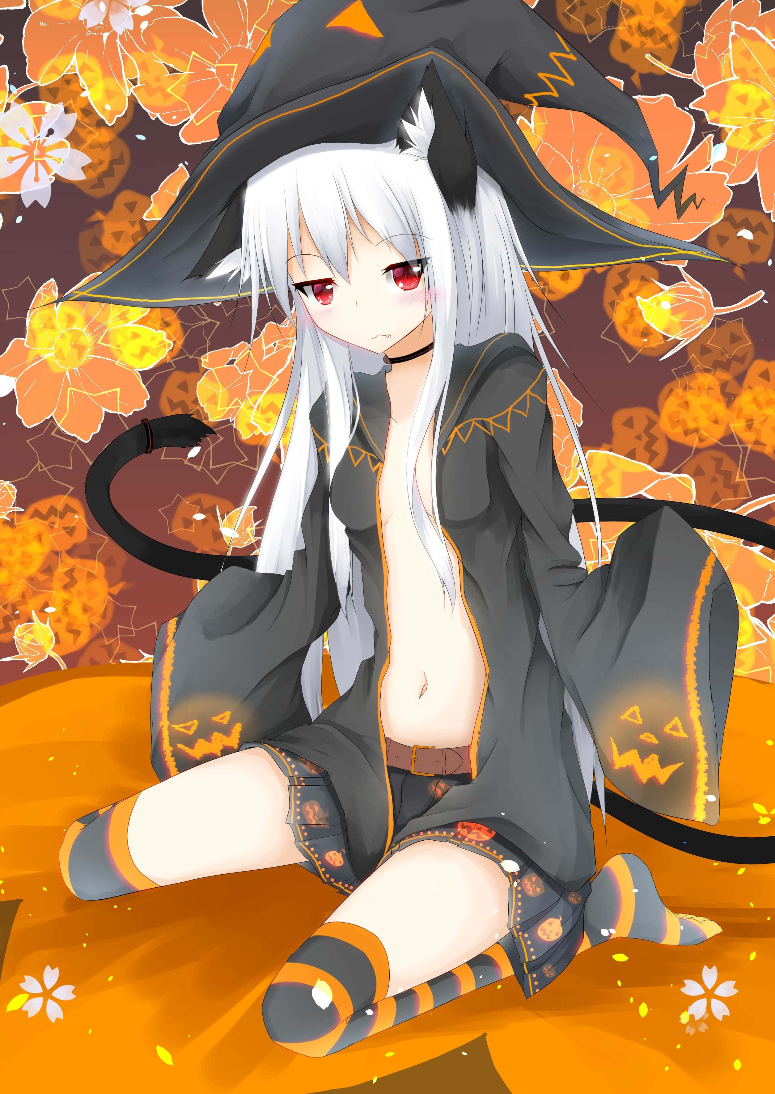 Halloween Anime Girl 桌布 壁紙 — 一位白髮紅眼的動漫女巫坐在發光的南瓜燈和秋葉之間，營造出節日氣氛的萬聖節場景。