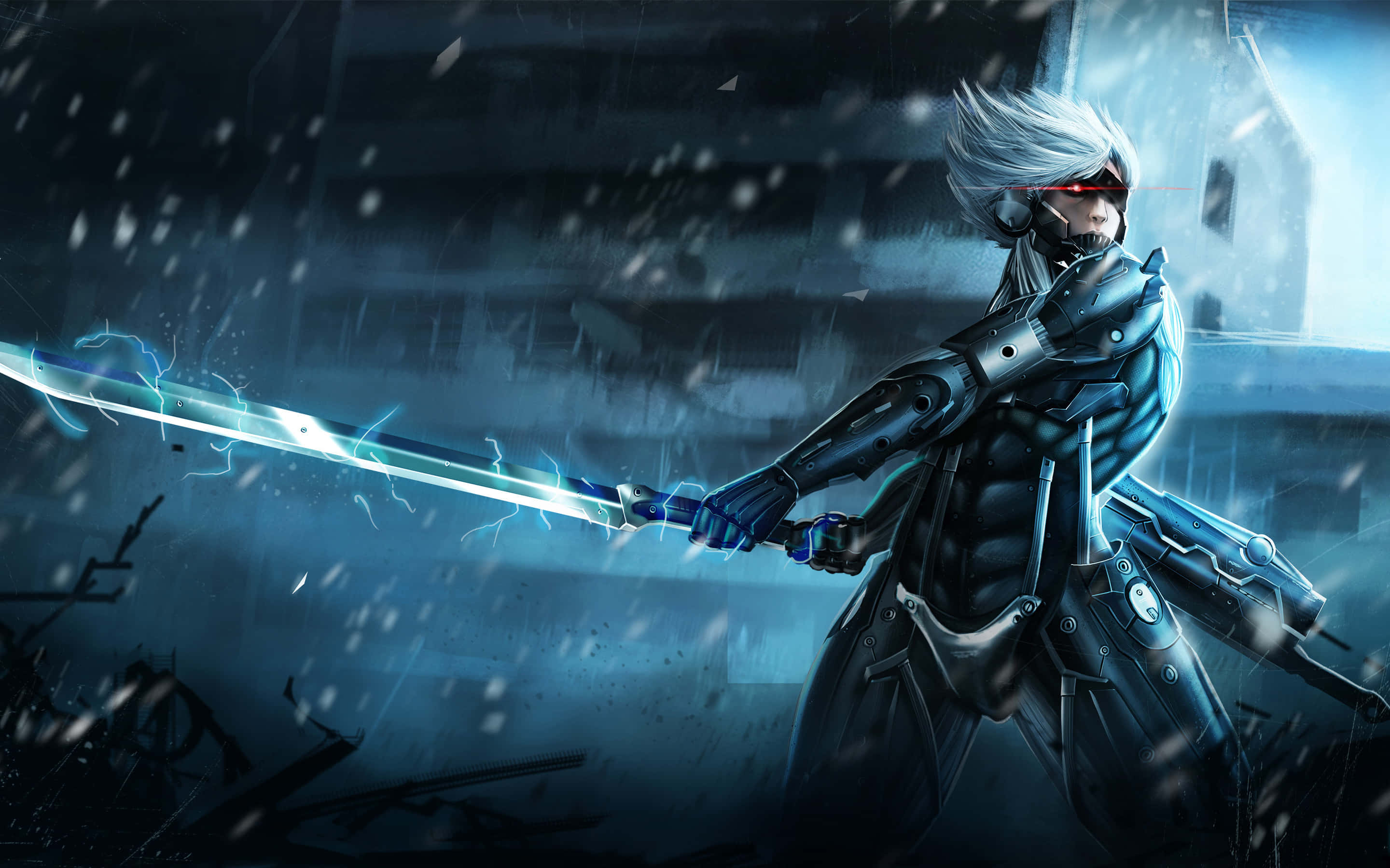 Best Gaming 桌布 壁紙 — 一位白髮紅眼的賽博龐克戰士在雨中的未來城市景觀中揮舞著一把帶有閃電力量的劍。