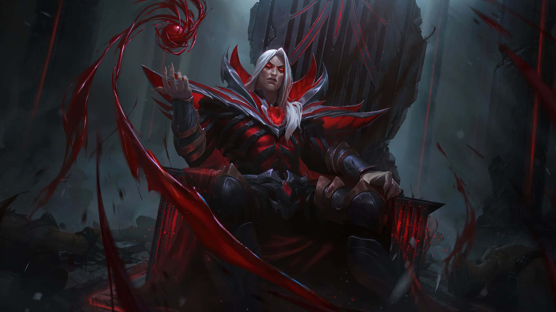 Best League Of Legends 桌布 壁紙 — 一位白髮紅眼的黑暗奇幻戰士坐在王座上，周圍環繞著旋轉的深紅能量，身處陰暗的石室中。