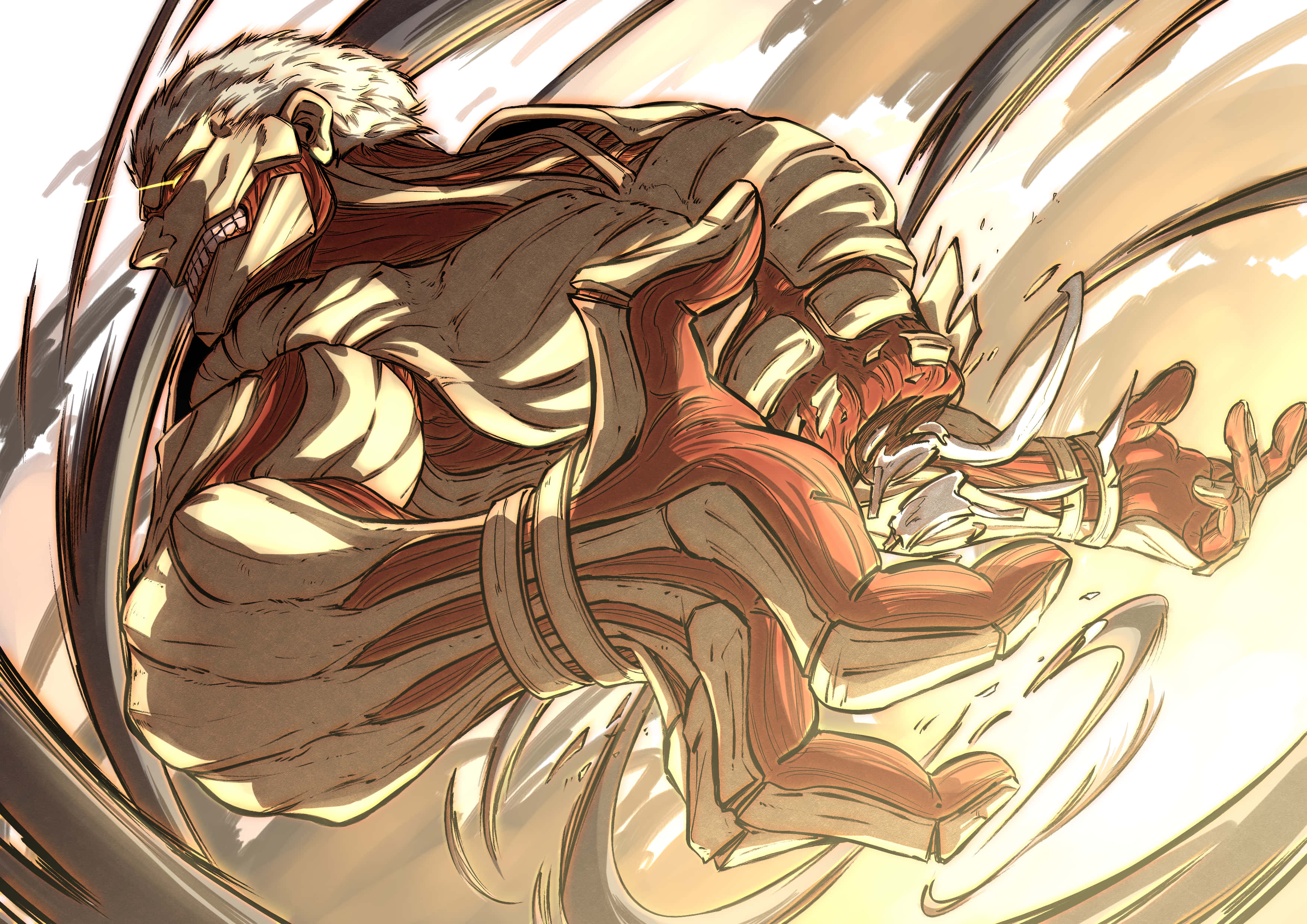 Armored Titan 桌布 壁紙 — 一位白髮紅紋的動漫巨人，以動態運動線條和旋轉能量向前衝刺。