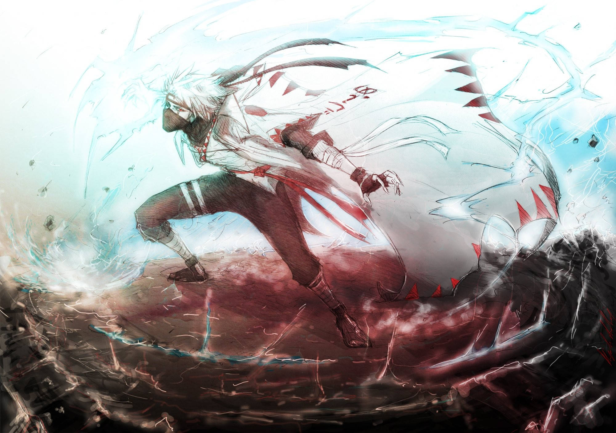 Hatake 桌布 壁紙 — 一位白髮紅紋的動漫戰士向黑暗的大地釋放出旋轉的藍色能量攻擊。
