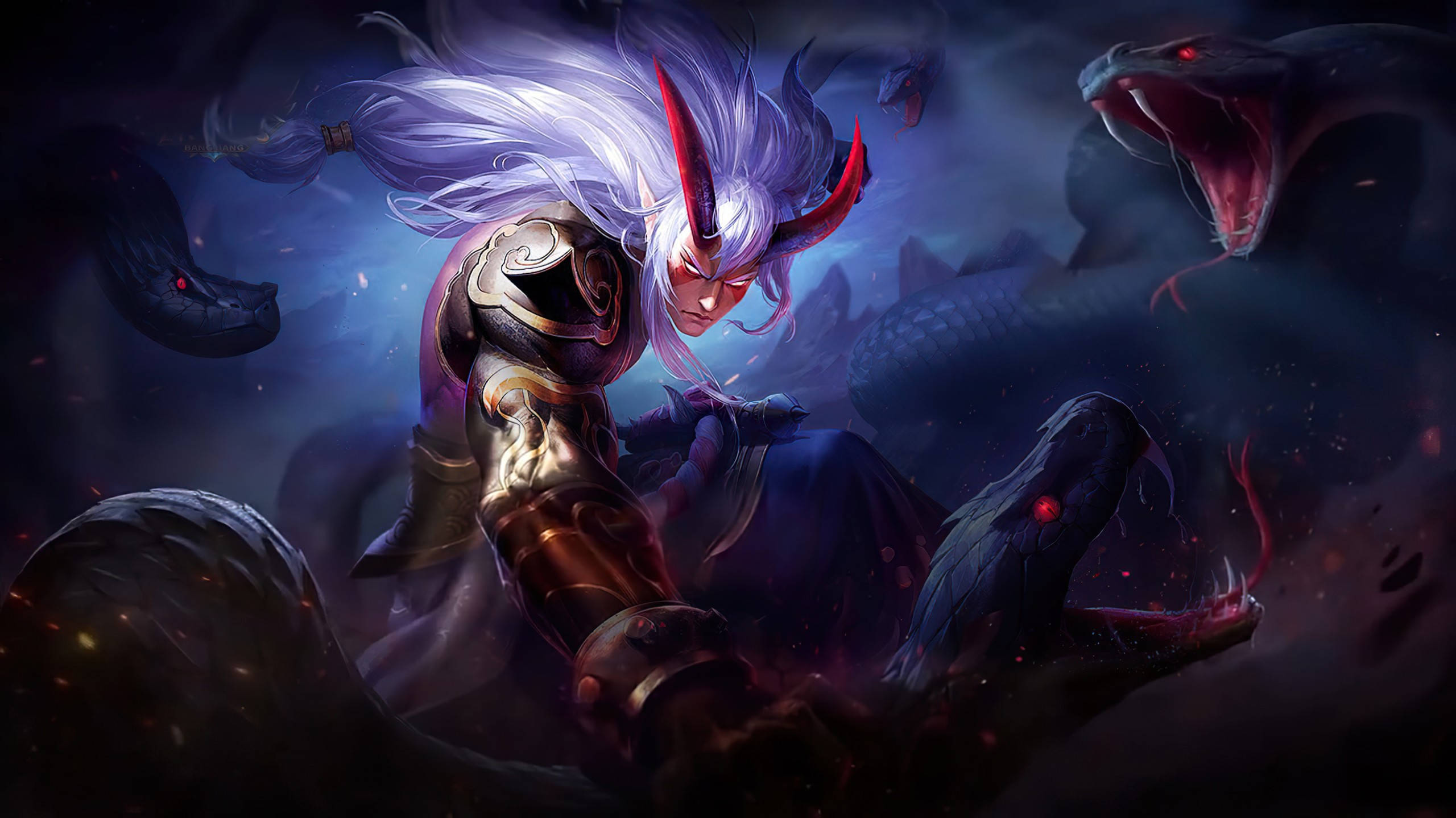 Mobile Legends 動態圖 桌布 壁紙 — 一位白髮紅角的惡魔戰士在黑暗的神秘領域中與巨蛇戰鬥。