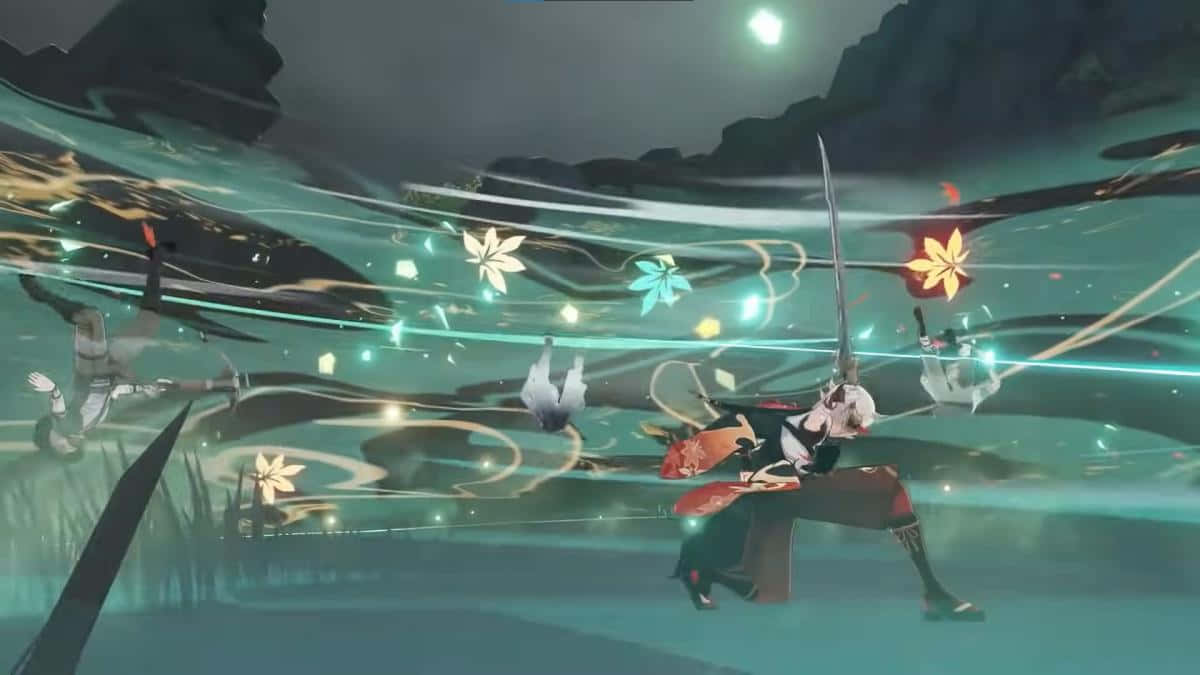 電玩遊戲 桌布 壁紙 — 一位白髮紅飾的戰士在霧氣瀰漫的夜景中，於滿月下斬過發光的花卉能量軌跡。