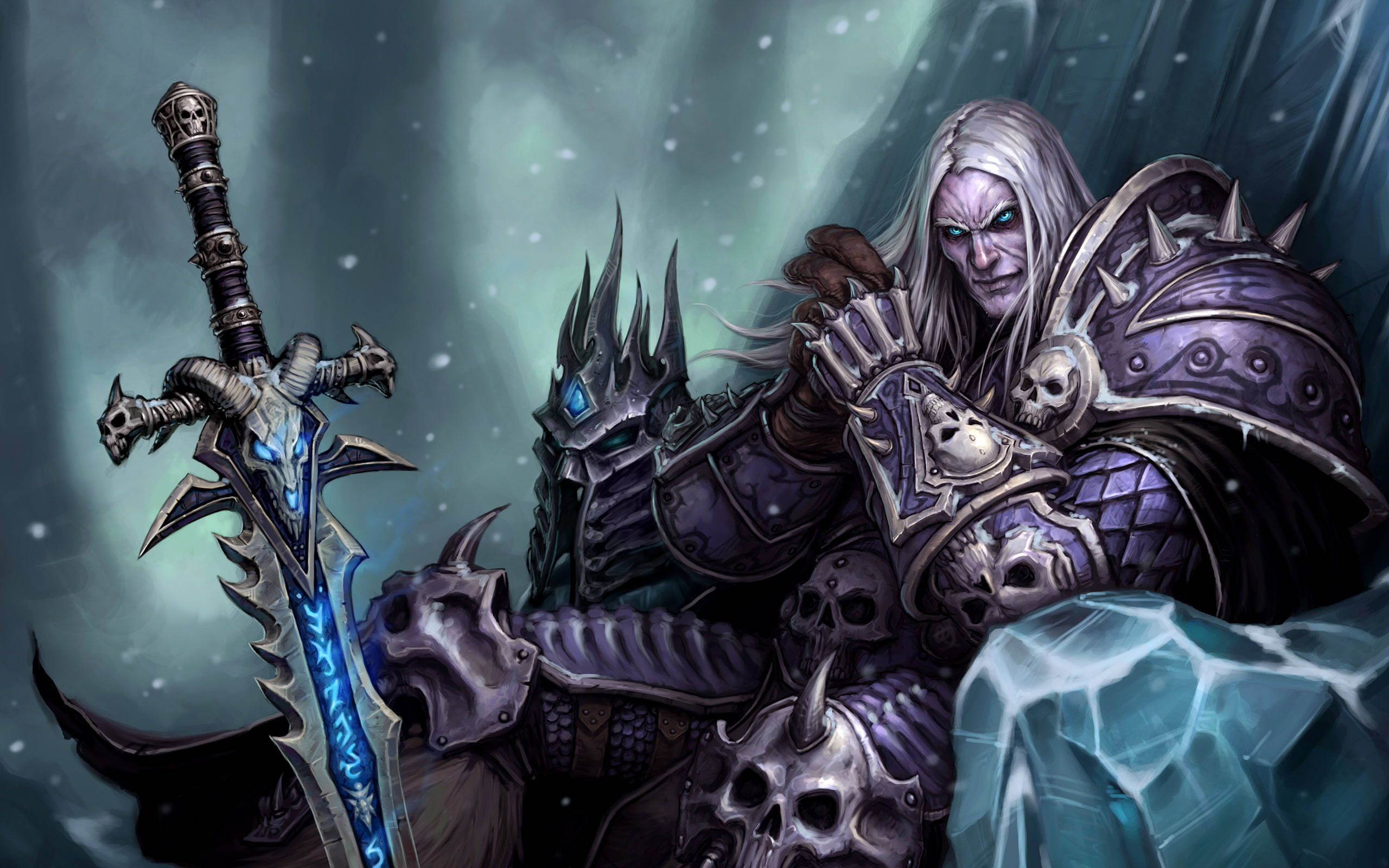 Death Knight 桌布 壁紙 — 一位白髮紫甲暗黑奇幻戰士，在飄雪和冰晶中手持發光藍劍。