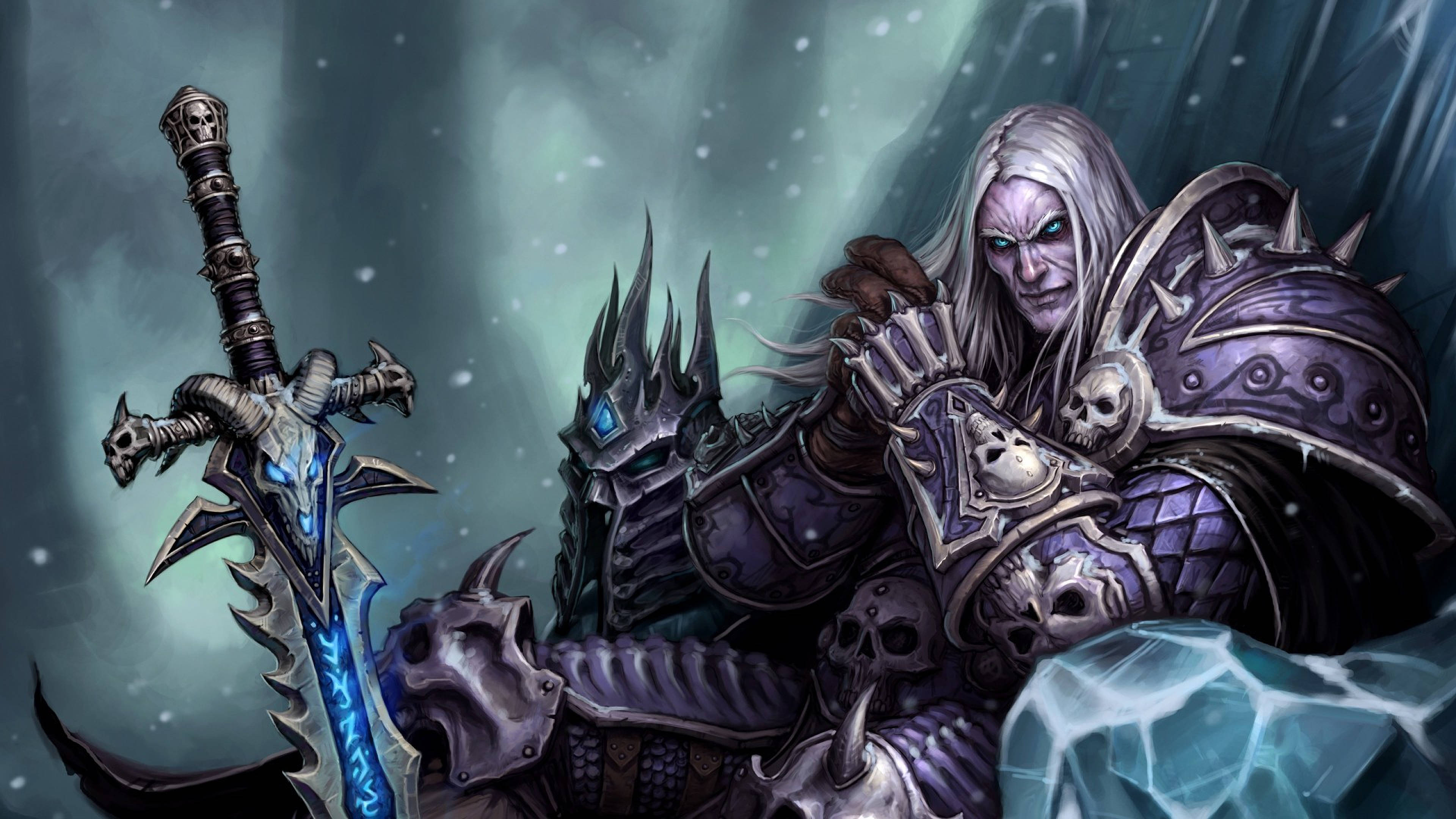 Lich 桌布 壁紙 — 一位白髮紫甲的黑暗奇幻戰士，在冰雪背景下手持飾有骷髏的劍。