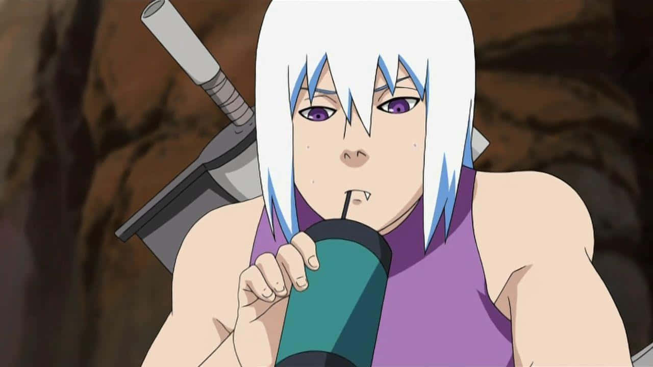 Suigetsu Hozuki 桌布 壁紙 — 一位白髮紫眼的動漫角色正從一個青綠色的杯子中啜飲，劍擱在他們的肩膀上。