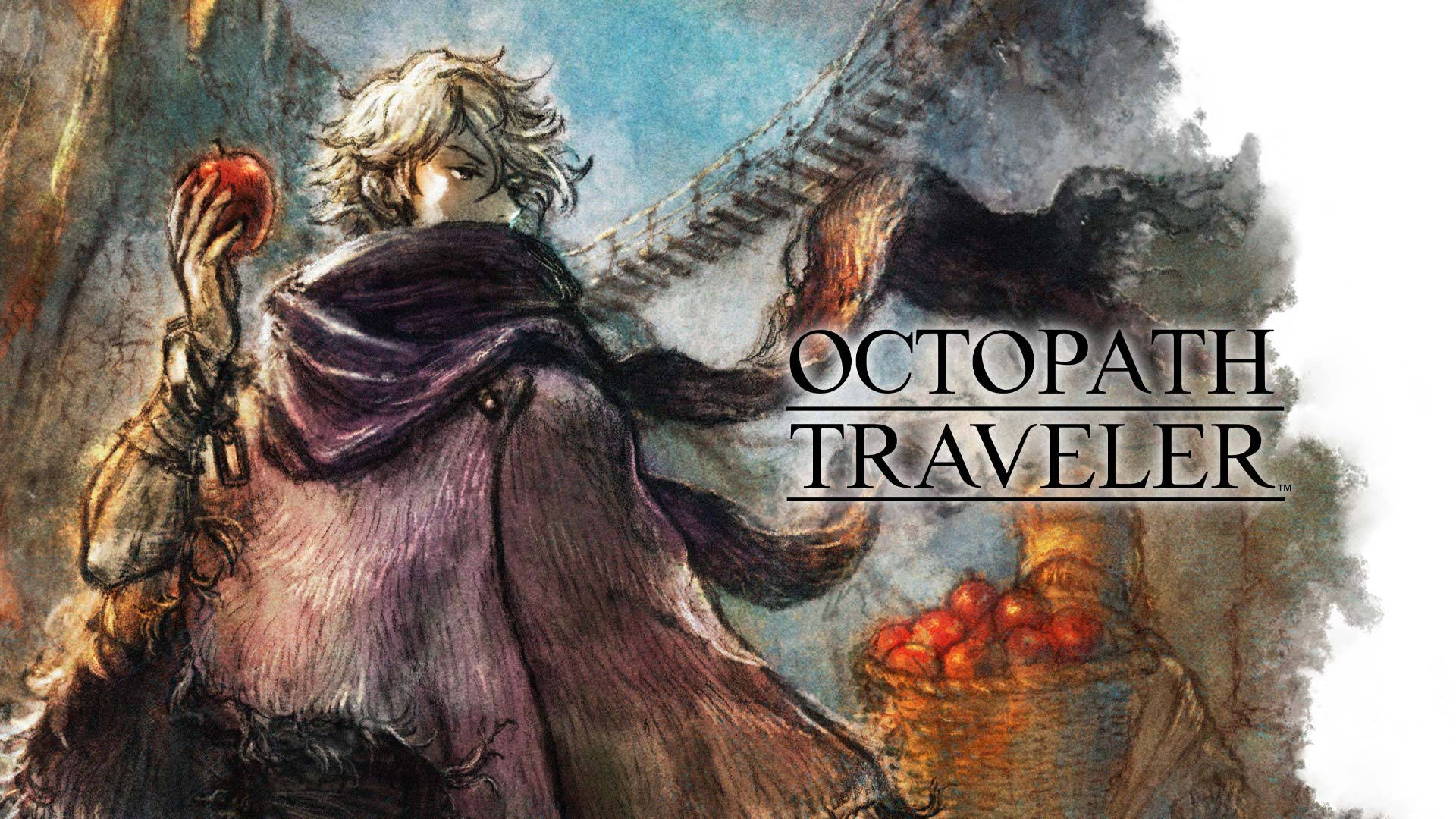 Traveler 桌布 壁紙 — 一位白髮紫袍的孤獨旅人，在迷霧背景下手持一個紅蘋果，旁邊有一籃蘋果和一隻大鳥。