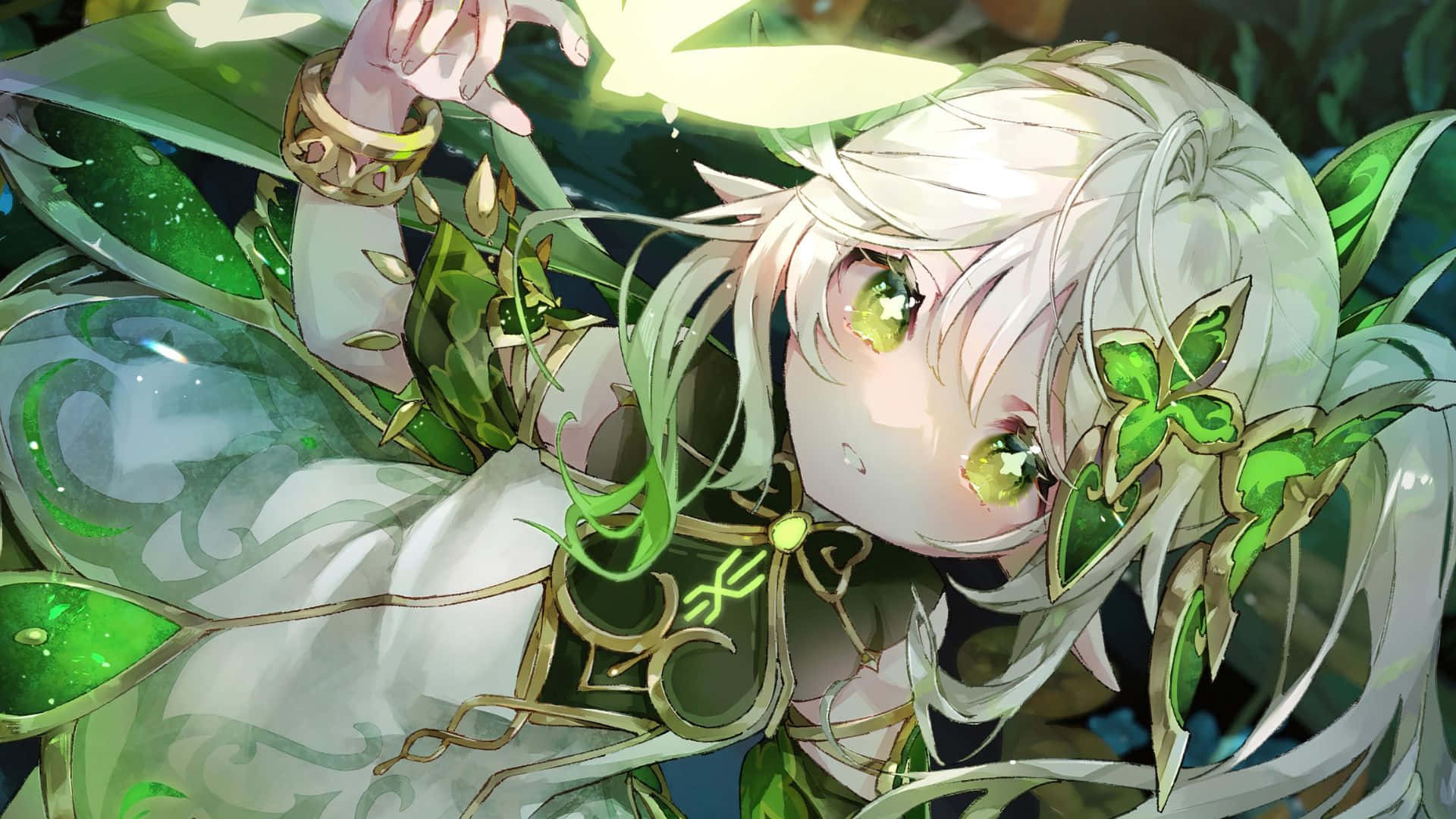 Genshin Impact Characters 桌布 壁紙 — 一位白髮綠眼、散發柔和光芒的動漫少女，被茂密的綠色藤蔓和葉子纏繞著。