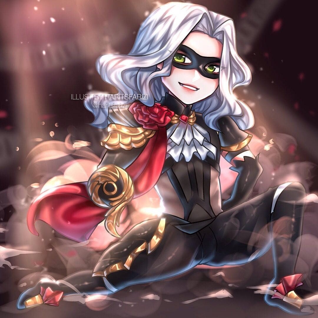 Mobile Legends 動態圖 桌布 壁紙 — 一位白髮綠眼的Q版動漫英雄，身穿黑金配色西裝搭配紅色披風，擺出動感姿勢。