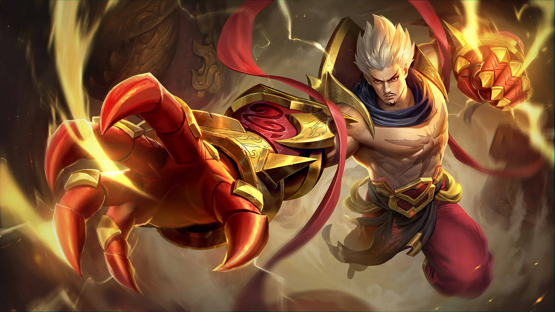 Mobile Legends 動態圖 桌布 壁紙 — 一位白髮肌肉戰士在煙霧瀰漫的黑暗背景下揮舞著熾熱的金色蟹爪和發光球體。