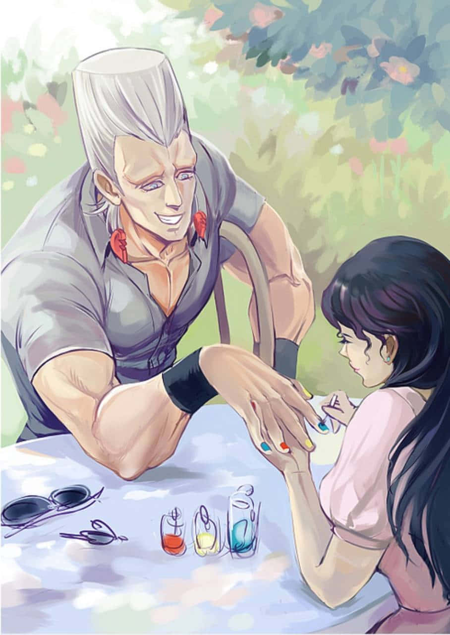 Jean Pierre Polnareff 桌布 壁紙 — 一位白髮肌肉男在戶外開滿花的樹下桌上為女性塗上彩色指甲。