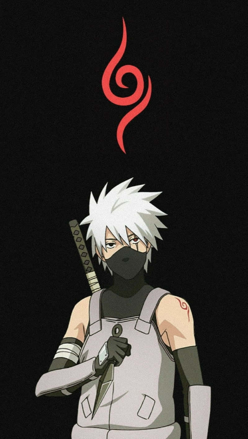kakashi pfp 桌布 壁紙 — 一位白髮蒙面忍者，頭頂有紅色螺旋標誌，手持苦無，背景為黑色。