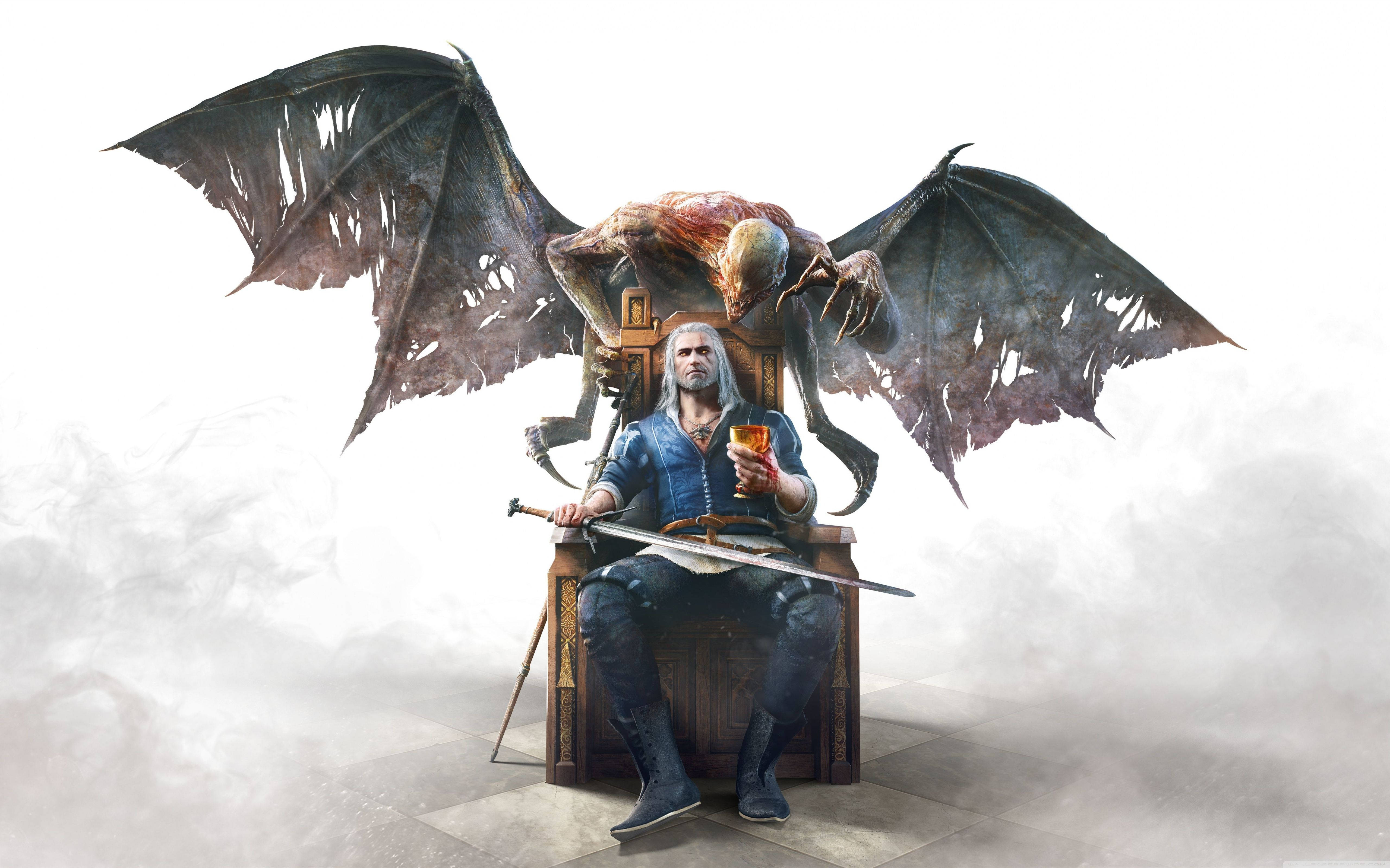 Witcher 桌布 壁紙 — 一位白髮蒼蒼的獵魔士坐在王座上，手持劍和飲料，背後有一隻長著翅膀的怪物在迷霧背景中若隱若現。