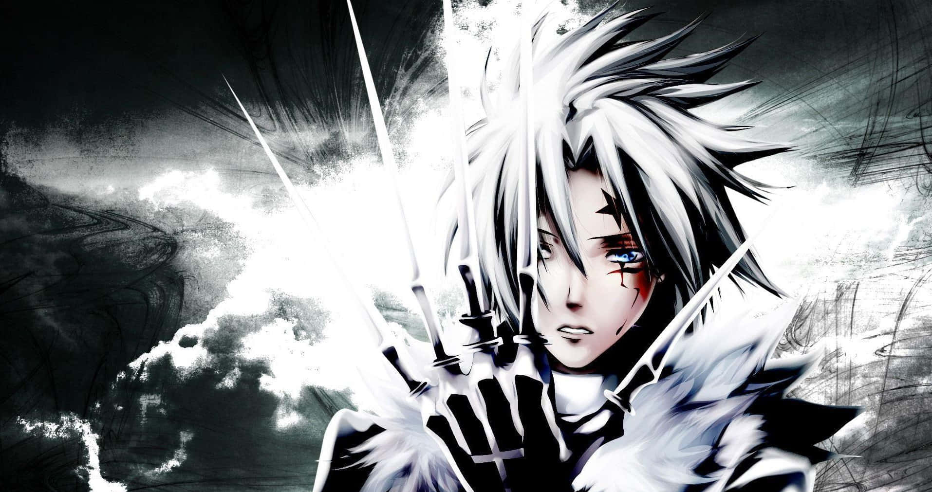 Anime All Characters HD 桌布 壁紙 — 一位白髮藍眼的兇猛動漫戰士，在風暴般的單色背景下揮舞著發光的刀刃。