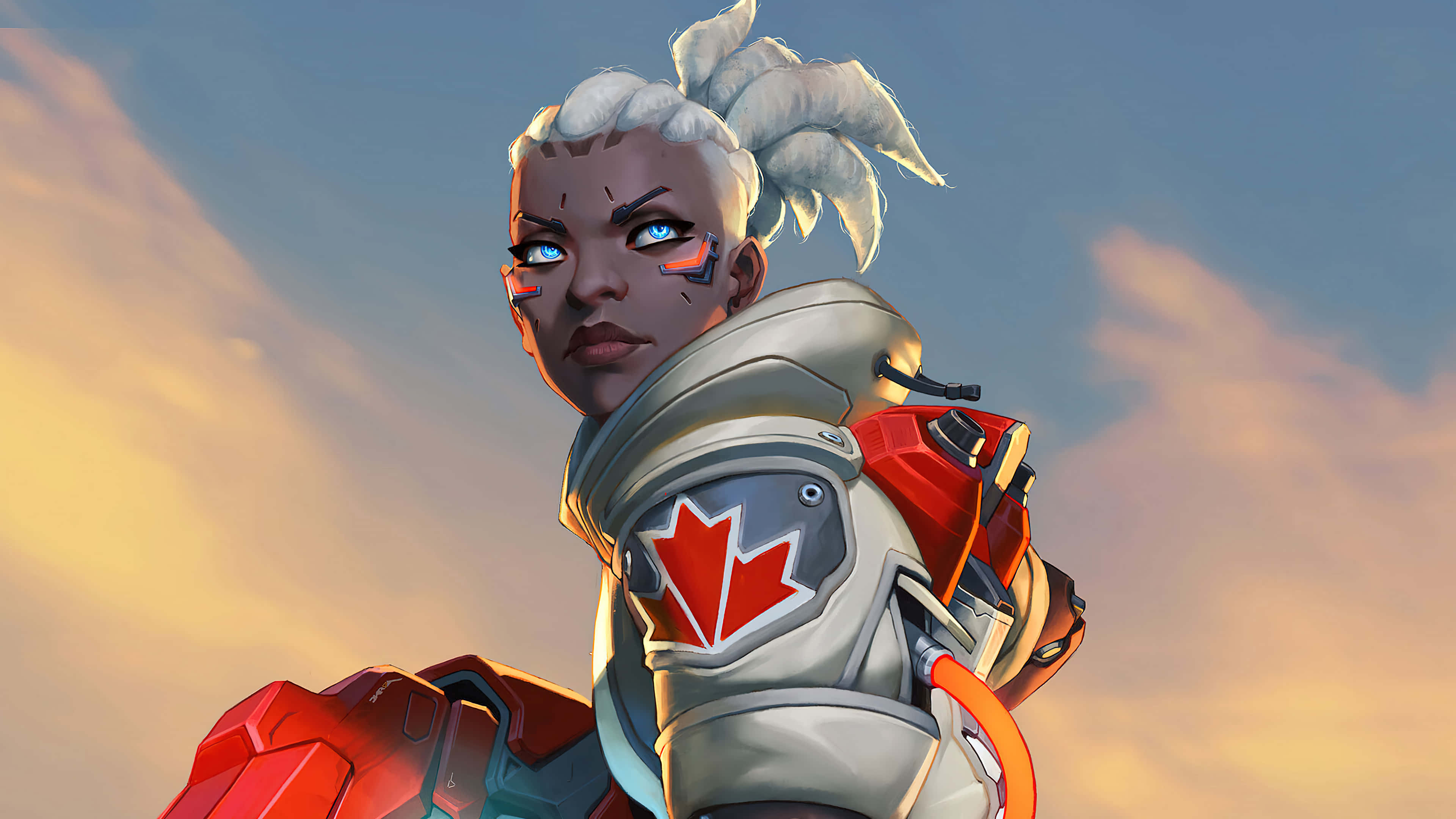 Overwatch Heroes 桌布 壁紙 — 一位白髮藍眼的兇猛女戰士，身穿帶有楓葉標誌的紅白鎧甲，背景是夕陽天空。