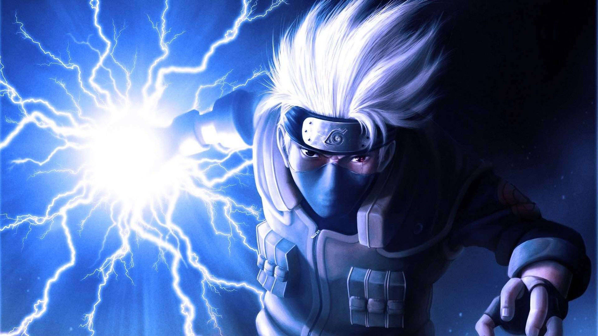 kakashi pfp 桌布 壁紙 — 一位白髮藍面具的忍者，在深藍色暴風雨背景下，從手中引導電光。