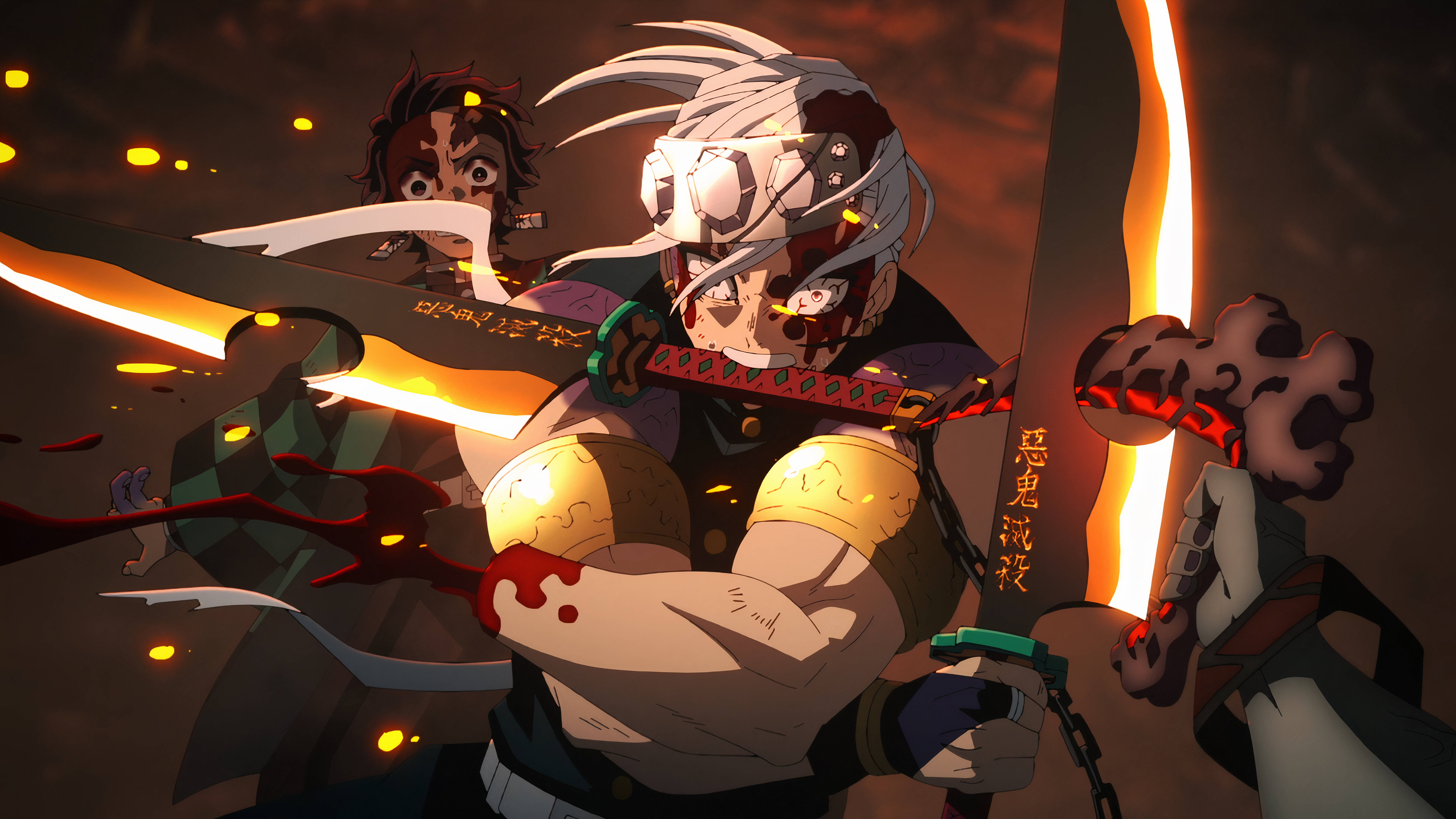Tengen 桌布 壁紙 — 一位白髮血臉的兇猛動漫戰士，在熾熱的火花和發光的餘燼中揮舞著發光的劍。