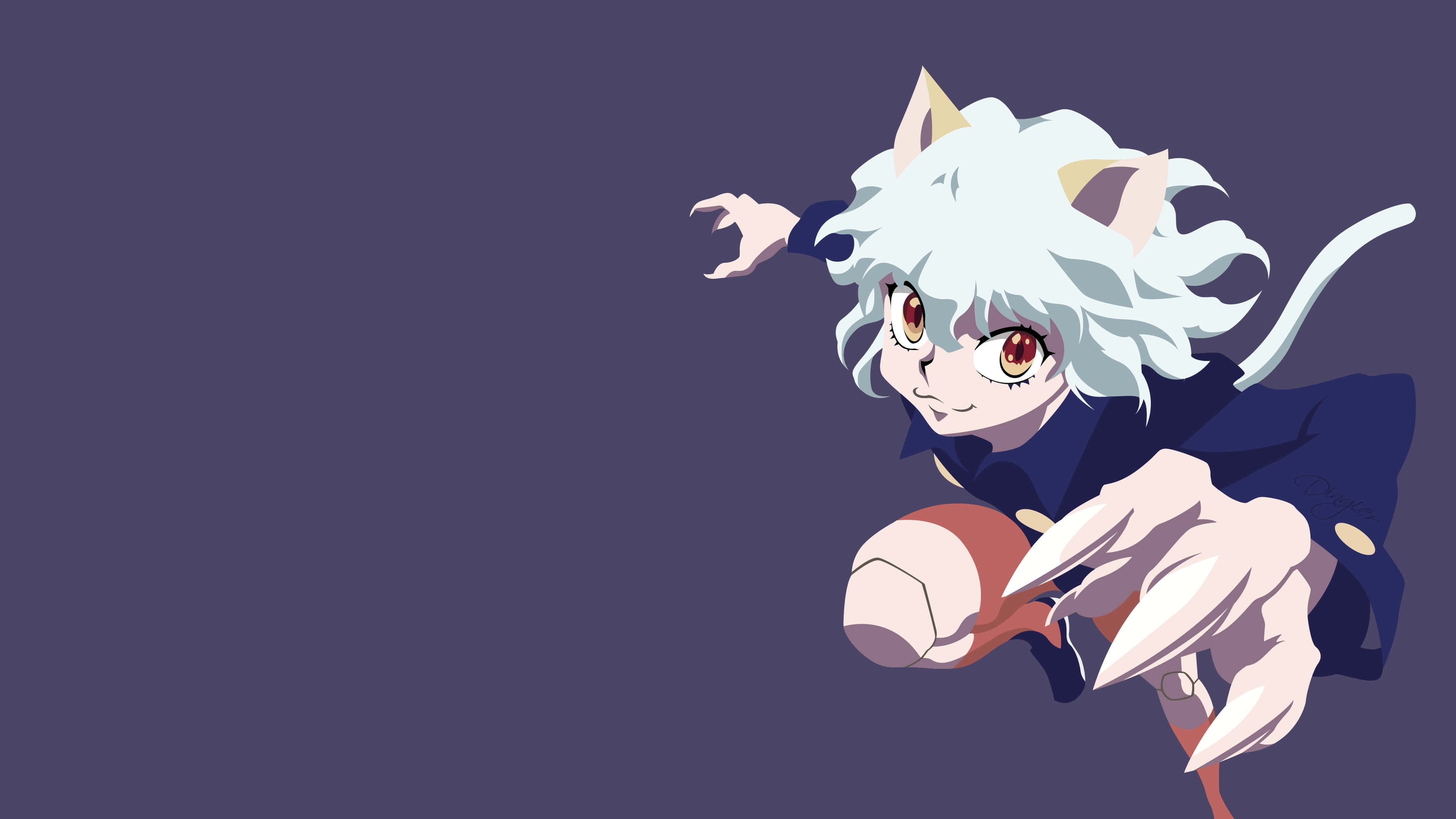 Killua Cute 桌布 壁紙 — 一位白髮貓耳動漫少女身穿深藍色外套，在純紫色背景前帶著堅定的笑容向前衝刺。