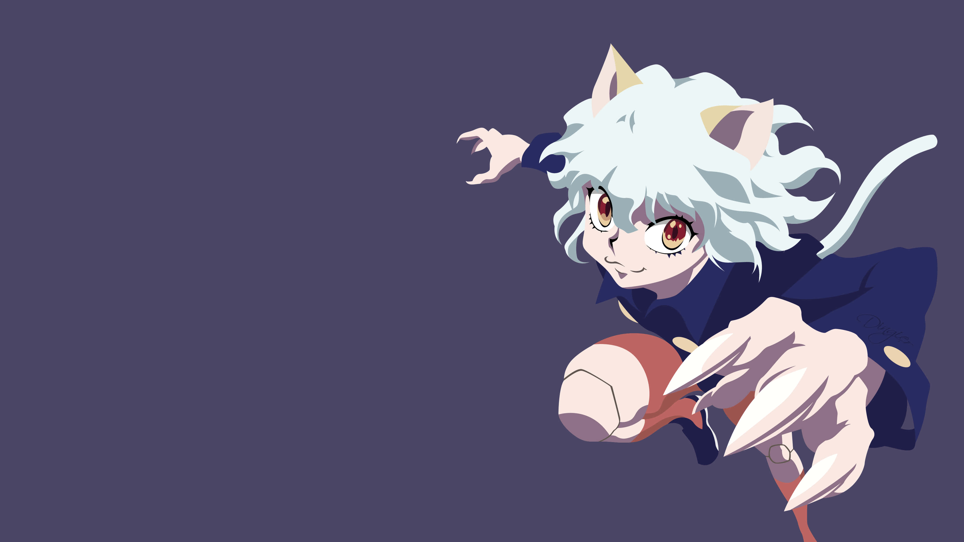 桌布 壁紙 — 一位白髮貓耳動漫少女身穿深藍色外套，在純紫色背景前帶著堅定的笑容向前衝刺。