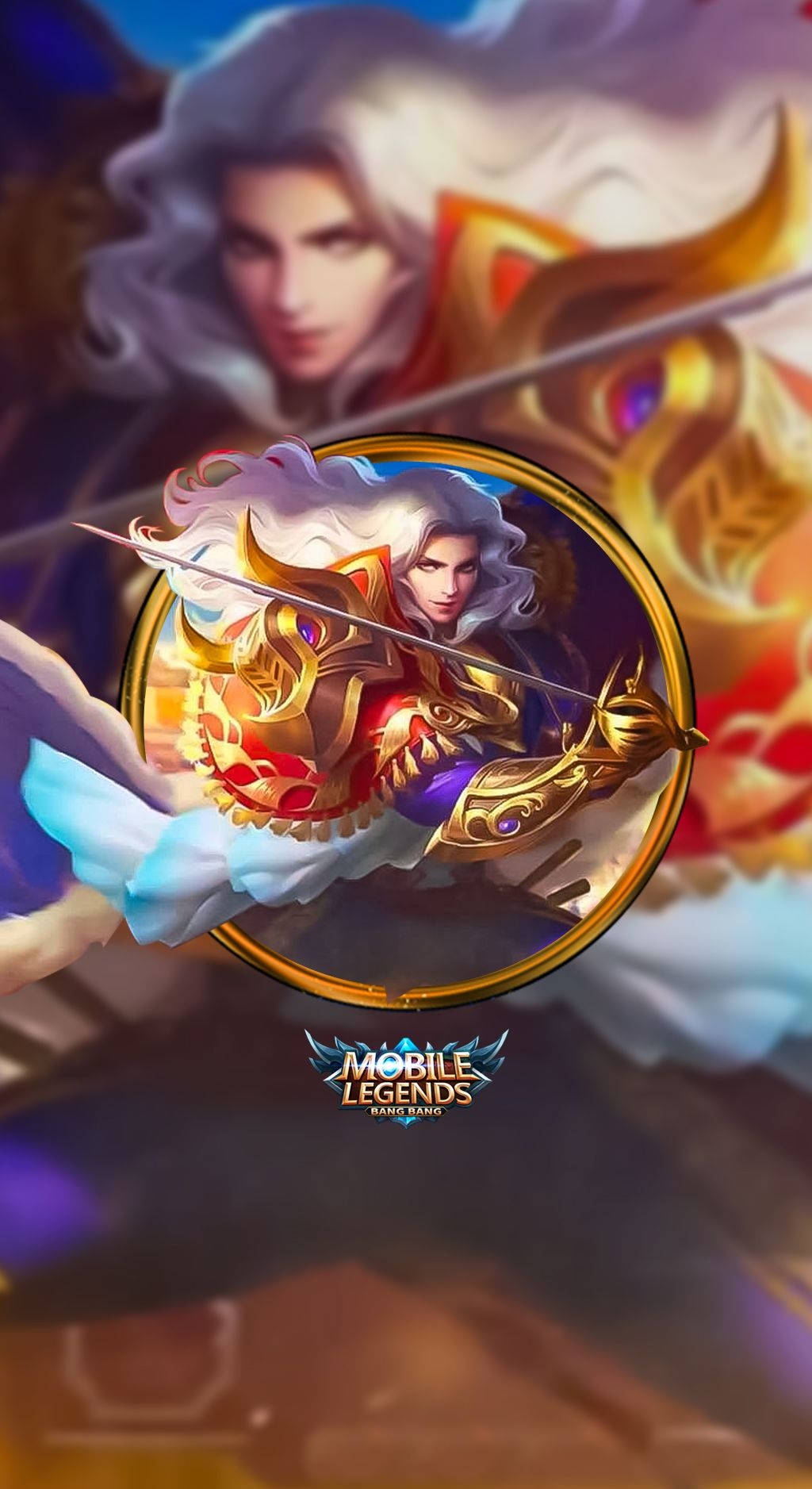 Mobile Legends 動態圖 桌布 壁紙 — 一位白髮金甲的奇幻戰士，在圓形框架內，於神秘背景前揮舞著發光的劍。