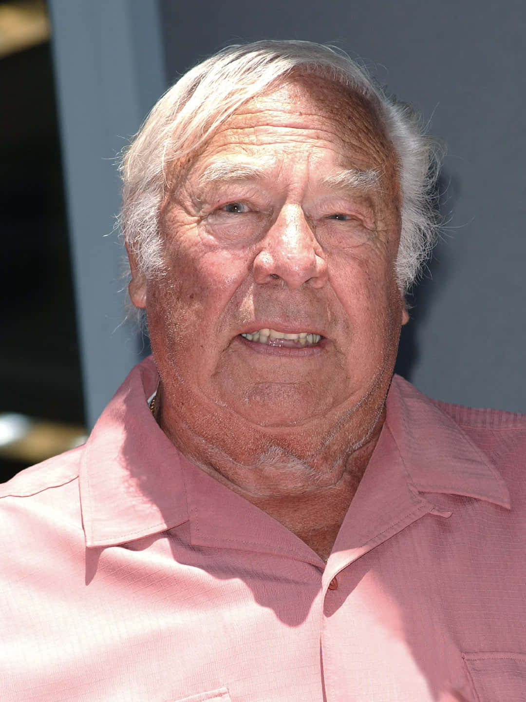 George Kennedy 桌布 壁紙 — 一位白髮長者穿著粉紅色有領襯衫在明亮陽光下的特寫肖像。