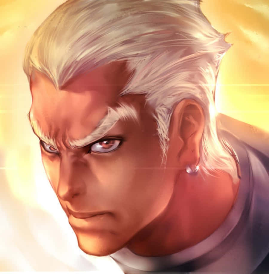 Ira Gamagoori 桌布 壁紙 — 一位白髮閃爍眼睛的兇猛動漫戰士，在燦爛的金色背景下凝視著。