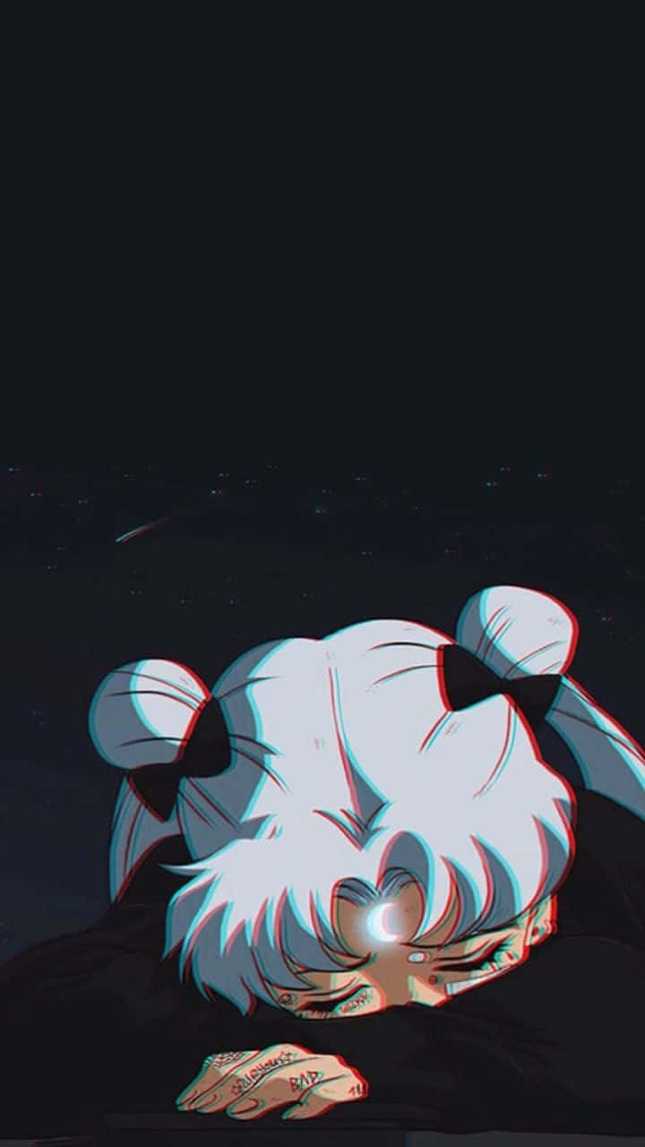 Animation 桌布 壁紙 — 一位白髮雙馬尾的動漫女孩，在流星劃過的星空下，將頭靠在手臂上休息。