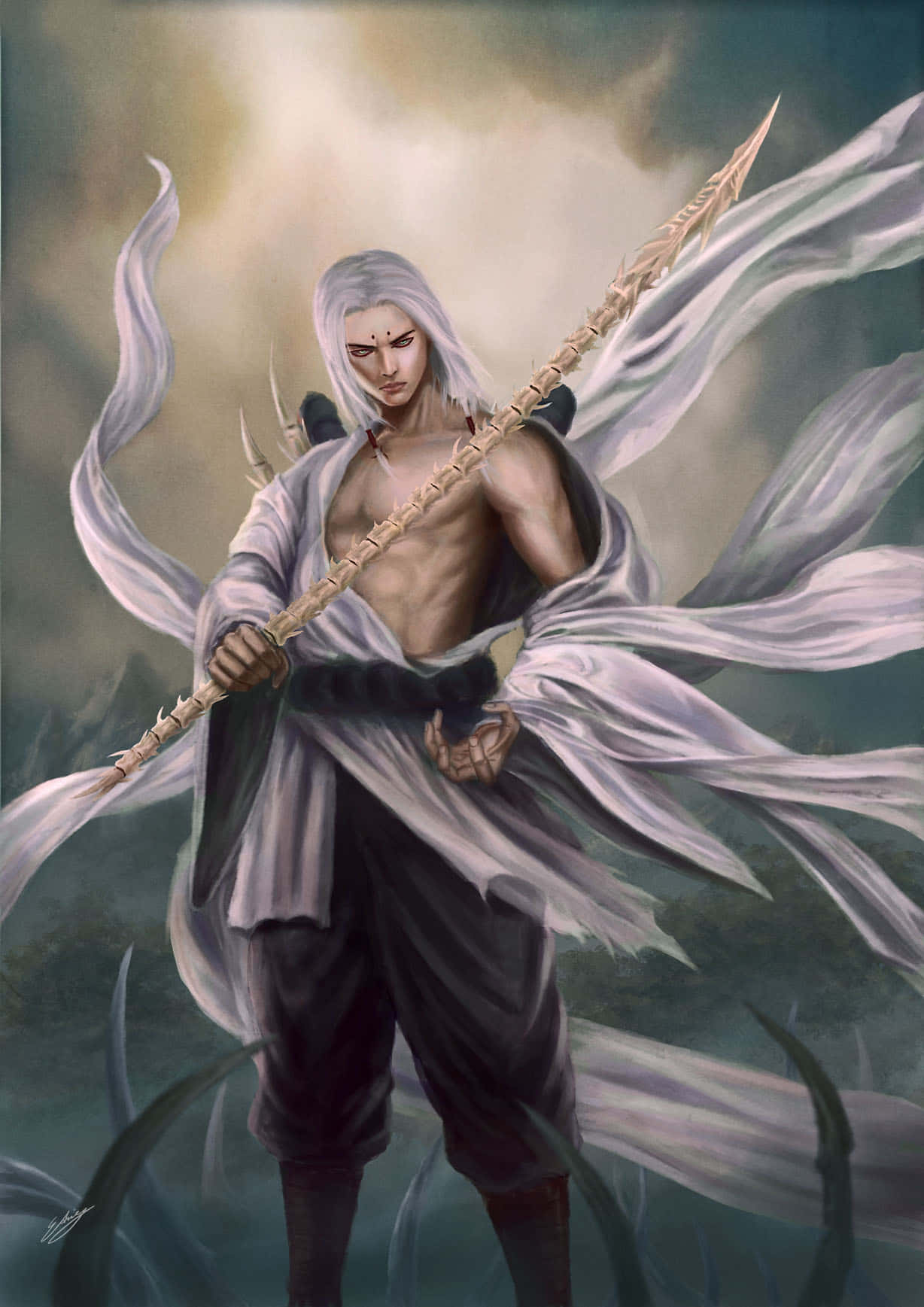 Kimimaro 桌布 壁紙 — 一位白髮飄逸、身穿長袍的兇猛戰士，在暴風雨背景下揮舞著帶刺的權杖。
