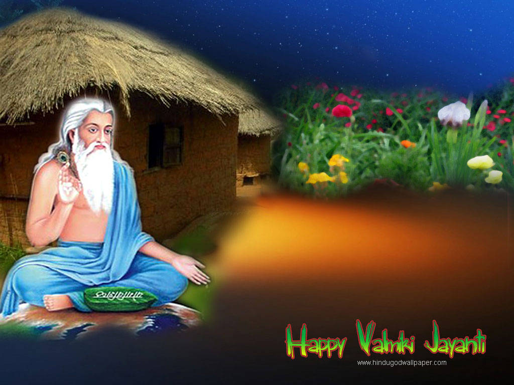 guru nanak dev ji 桌布 壁紙 — 一位白鬍子的老聖人盤腿坐在茅草屋前，星空下附近有色彩繽紛的花朵。