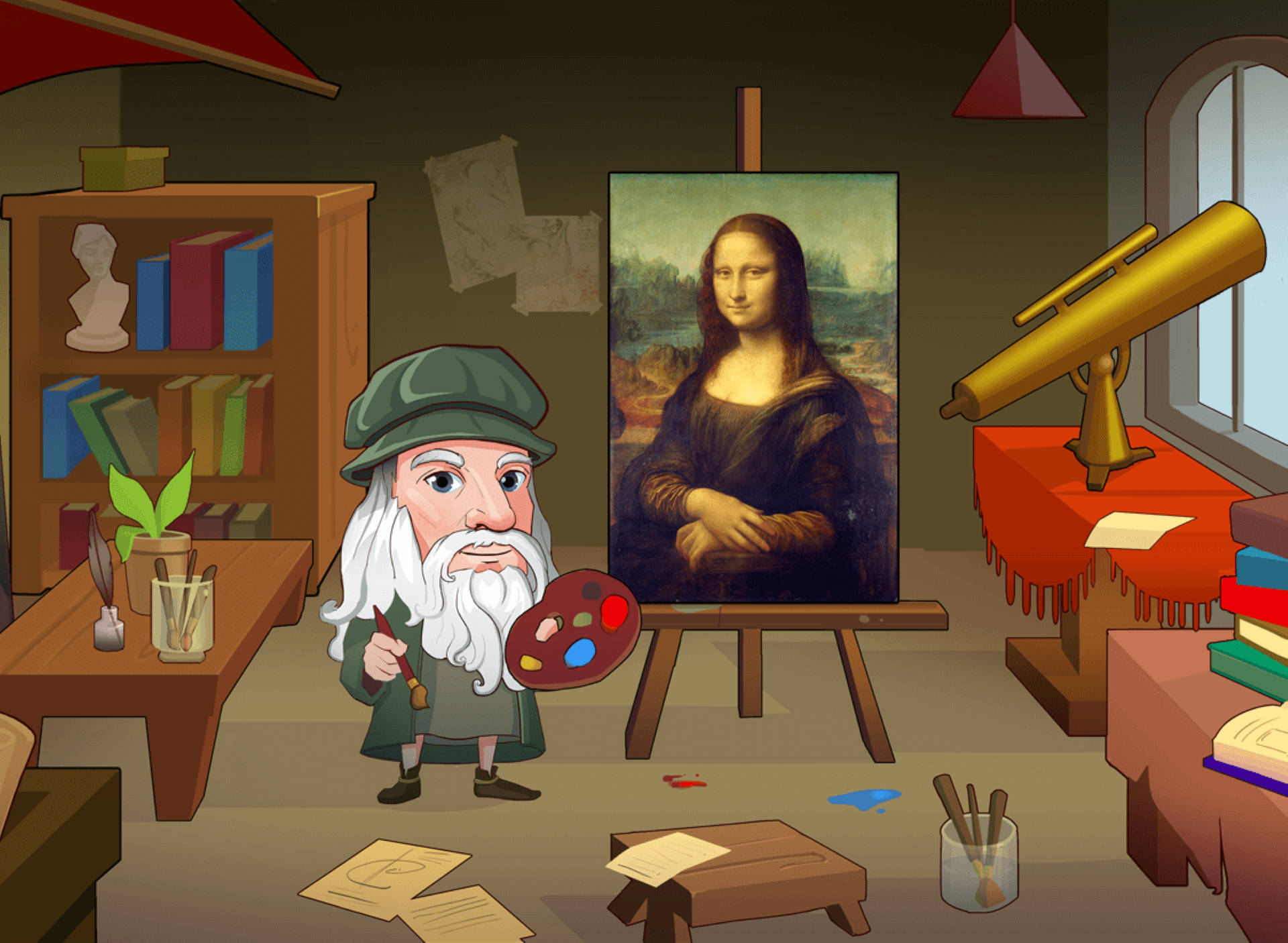 Leonardo Da Vinci 桌布 壁紙 — 一位白鬍鬚的卡通藝術家在一個堆滿書籍和美術用品的凌亂工作室裡繪畫蒙娜麗莎。