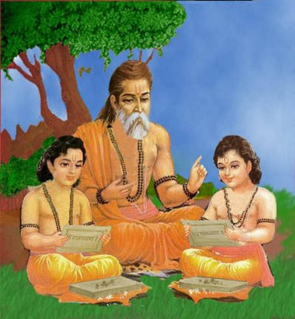 guru nanak dev ji 桌布 壁紙 — 一位白鬚智者導師在茂密綠樹下坐在草地上教導兩位年輕弟子。